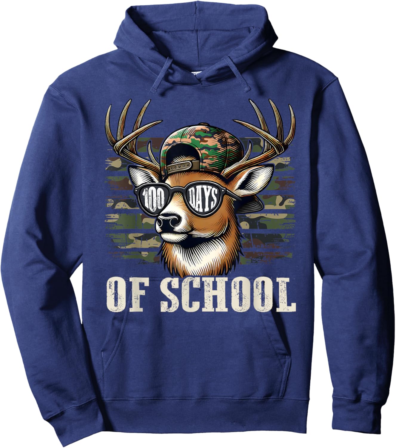Deer Hunting Happy 100 Days of School Student Teacher Retro Hoodie - Hoodie | Navy