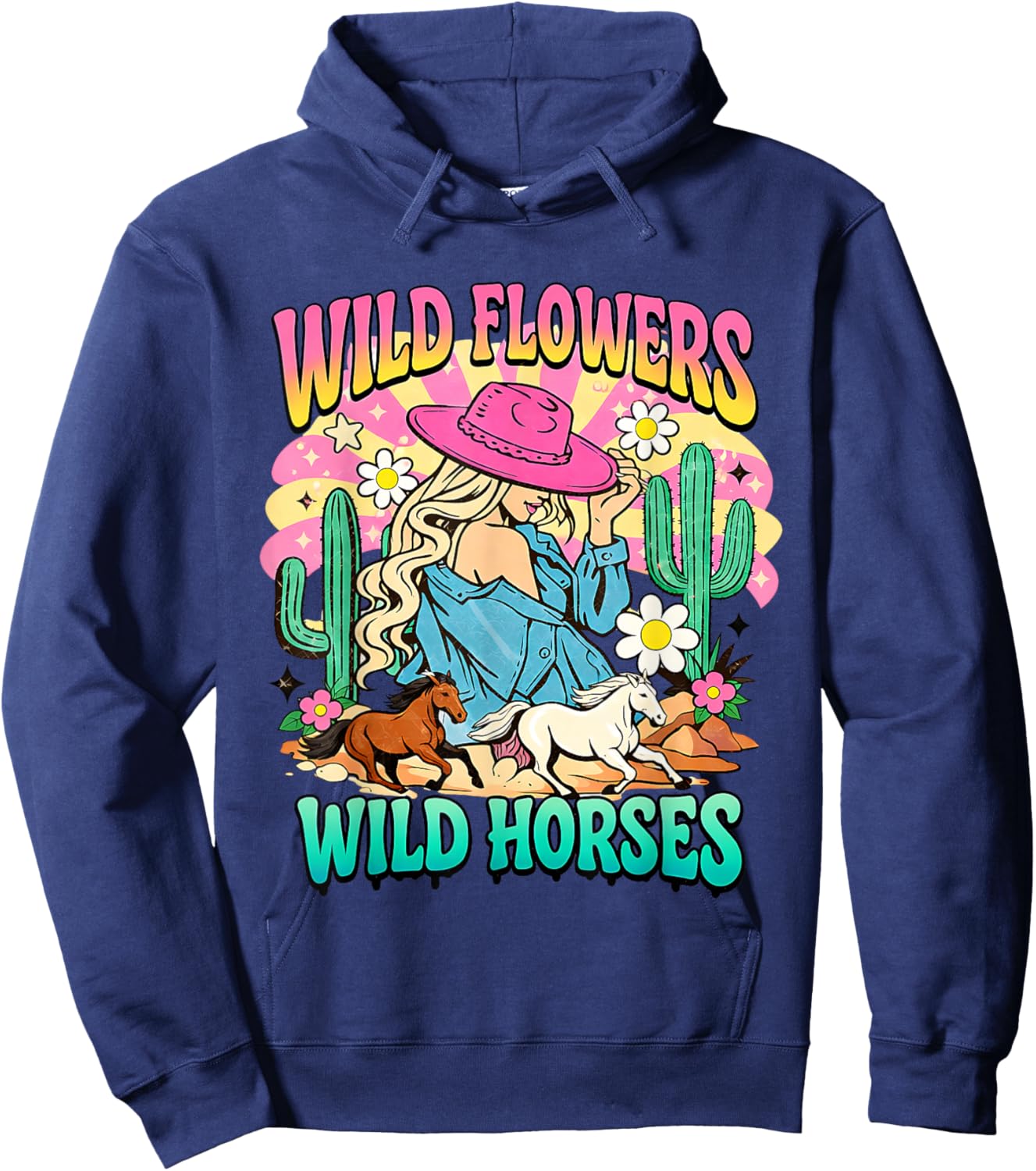 Wildflowers Wild Horses Boho Western Cowgirl Design Hoodie - Hoodie | Navy
