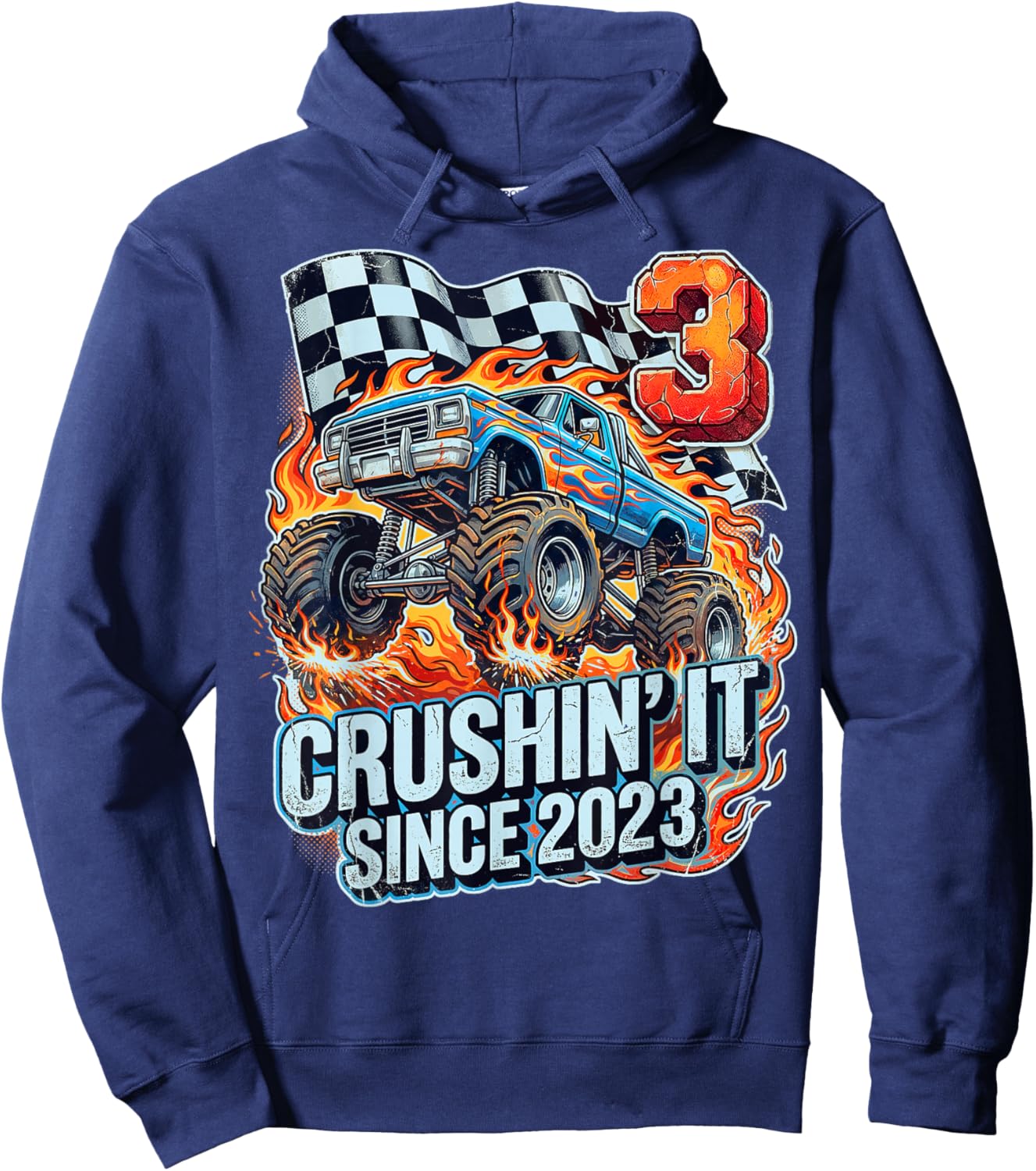 Birthday Monster Truck 3 Year Old Boys 3rd Party Born 2023 Hoodie - Hoodie | Navy