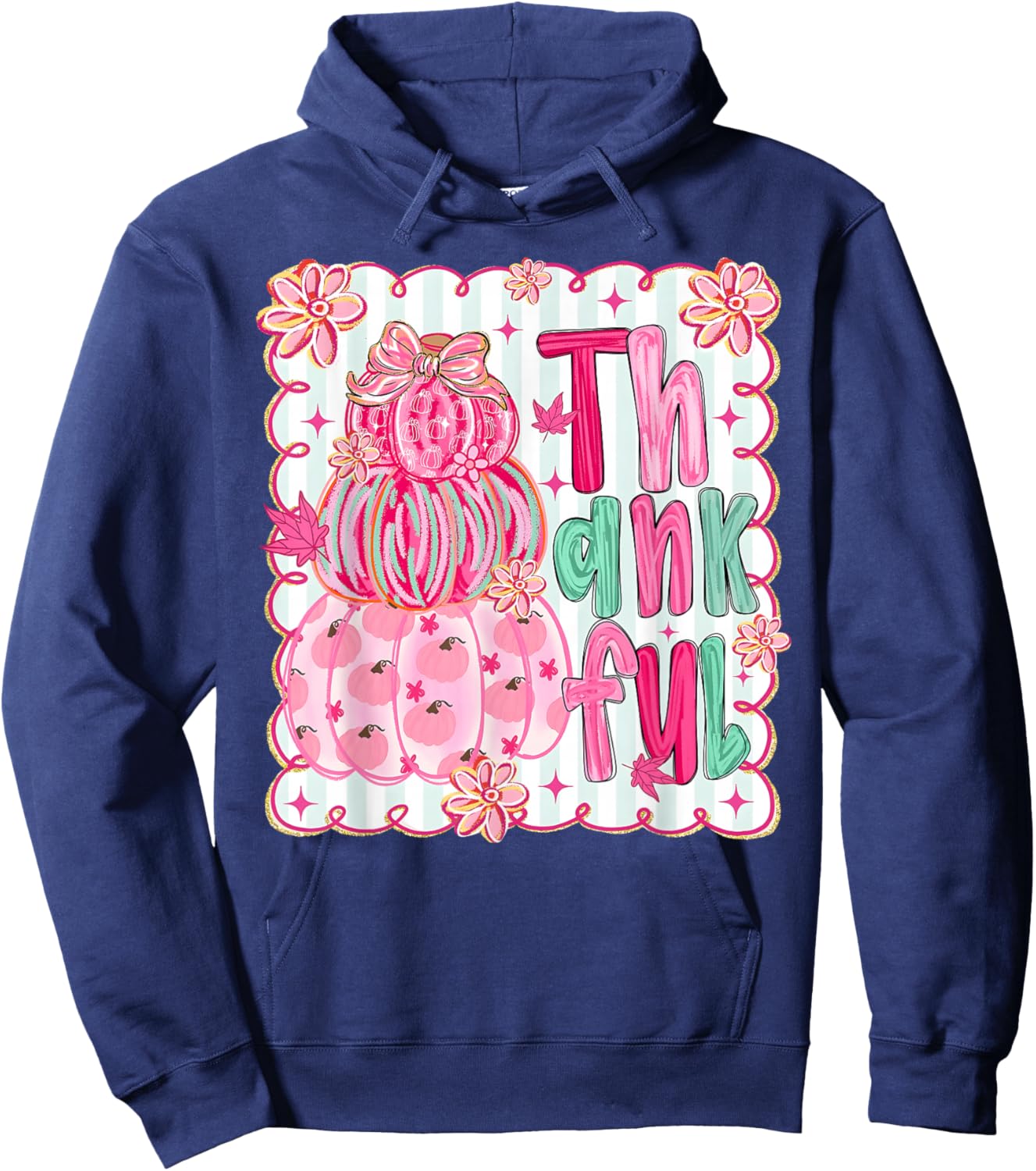 Pink Thankful Pumpkin Girly Preppy Coquette Bow Thanksgiving Hoodie - Hoodie | Navy