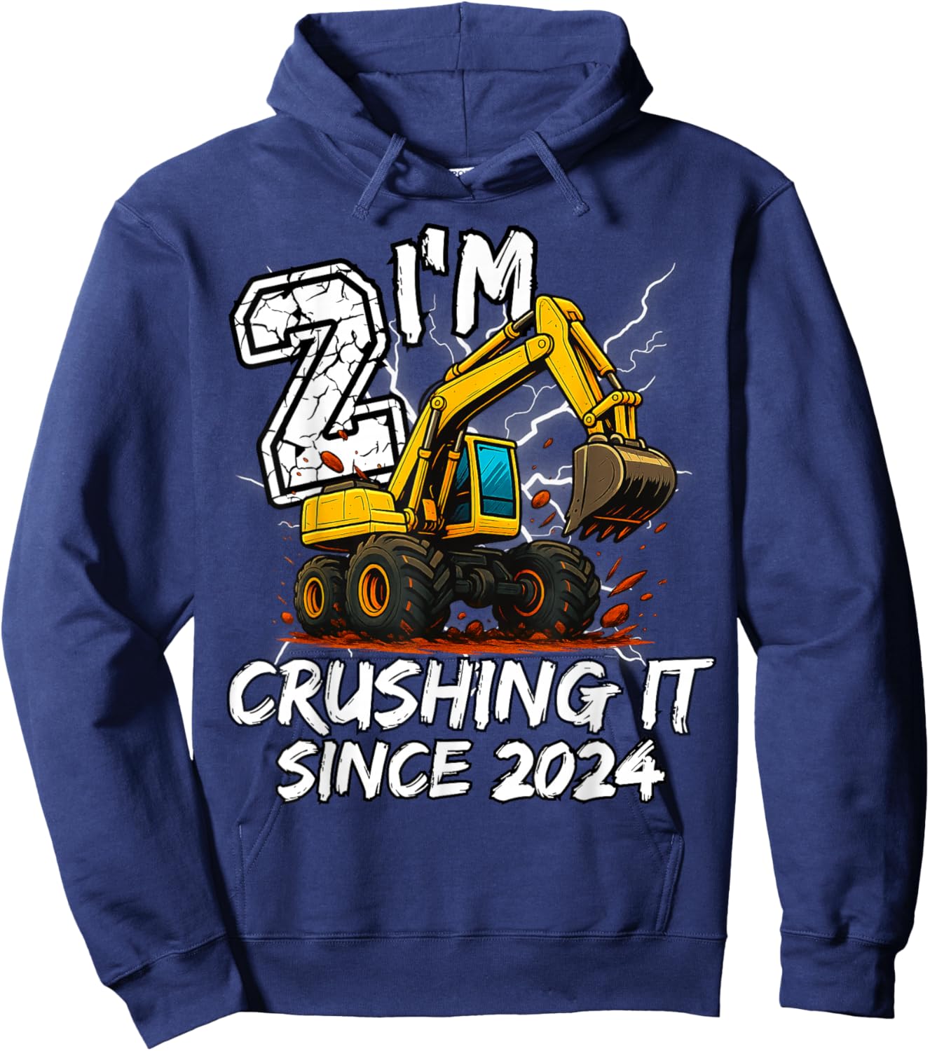 Birthday Excavator Truck 2 Year Old Boys 2nd Party Born 2024 Hoodie - Hoodie | Navy