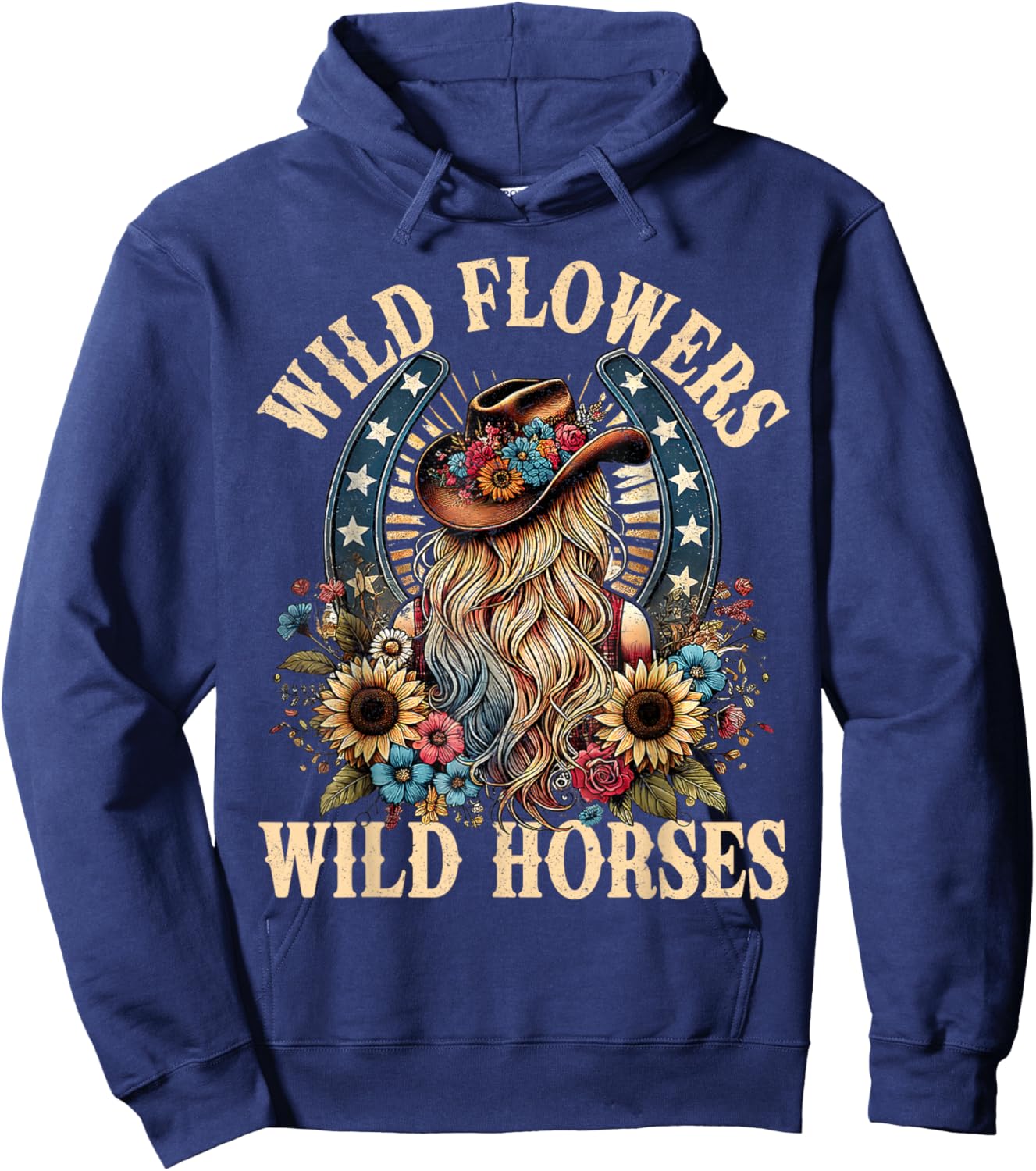 Retro Southern Sunset Cowgirl Wild Flowers - Wild Horses Hoodie - Hoodie | Navy