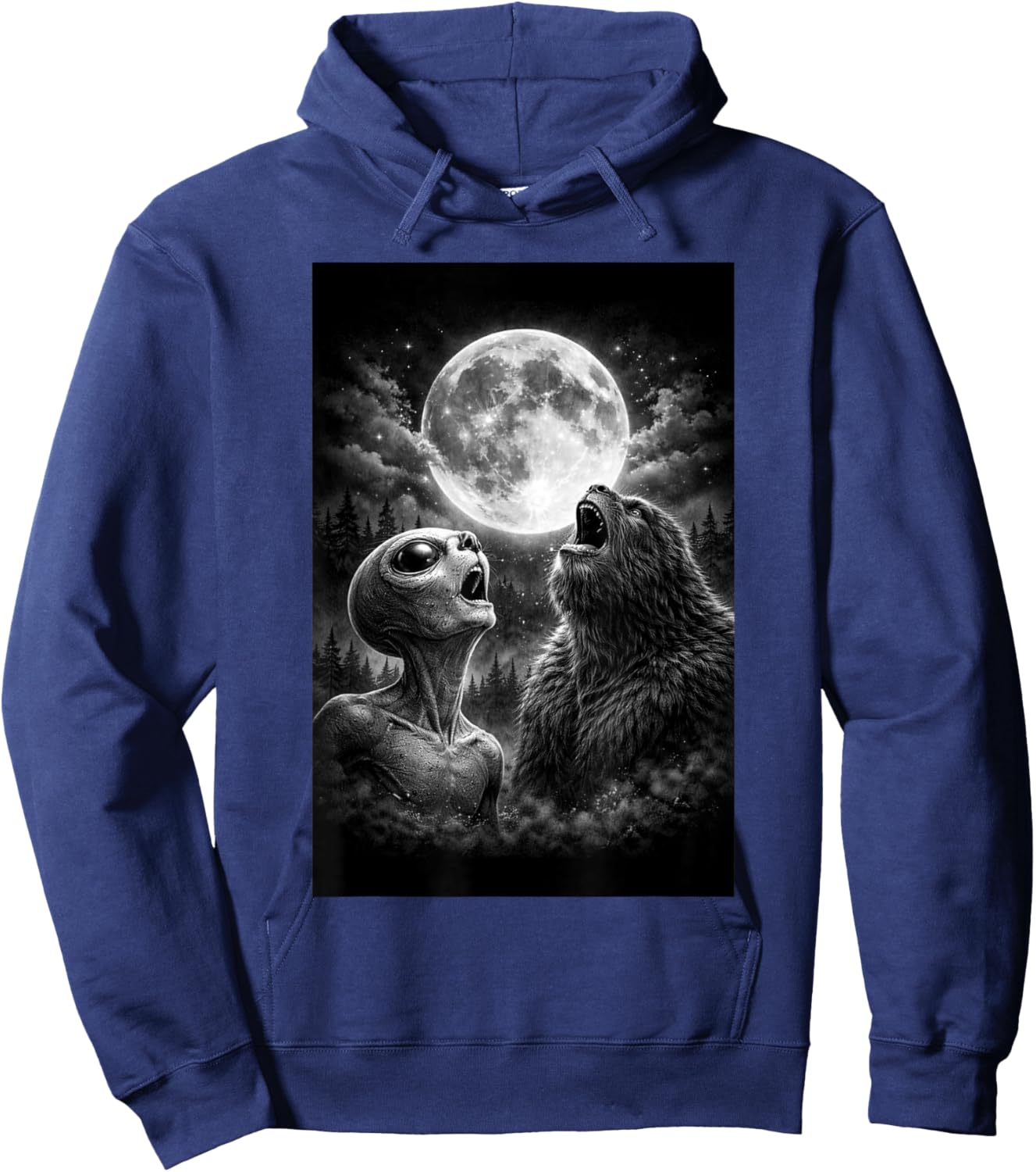 Funny Alien and Bigfoot Howling at Moon Humor Man Woman Hoodie - Hoodie | Navy
