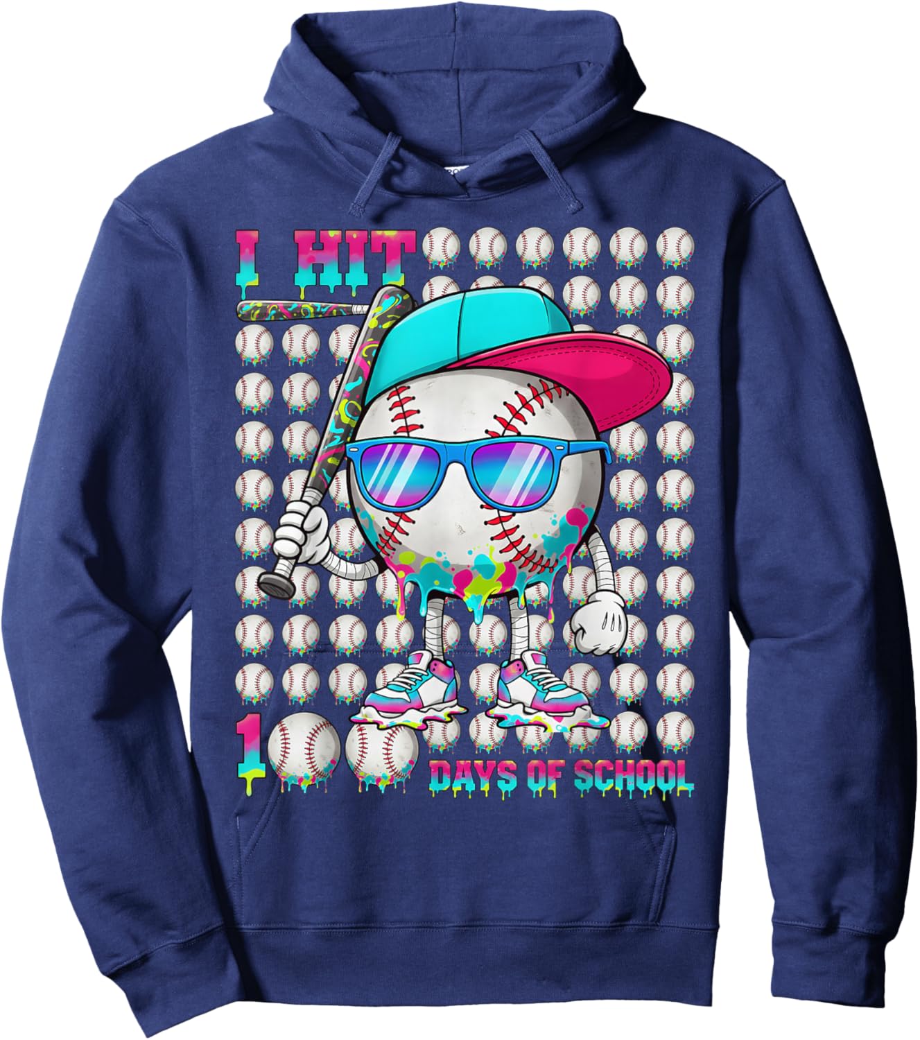 100 Days of School Baseball Drip Ice Cream Boys Kids Hoodie - Hoodie | Navy
