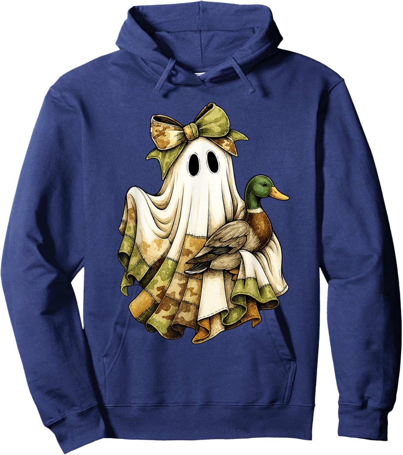 Camo Ghost Patchwork Halloween Spooky Duck Hunting Hoodie - Hoodie | Navy