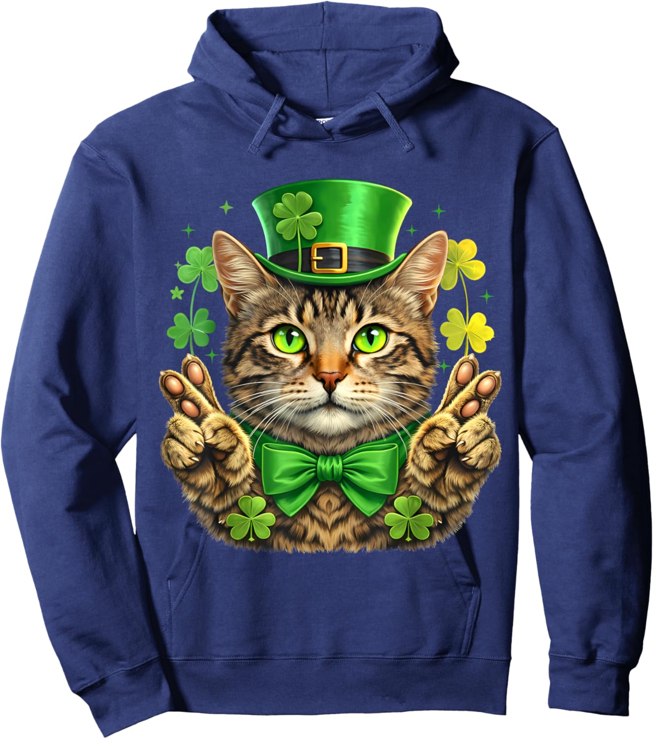 St Patricks Day Cat Leprechaun Hat Lucky Hand Shamrock Kids Hoodie - Hoodie | Navy