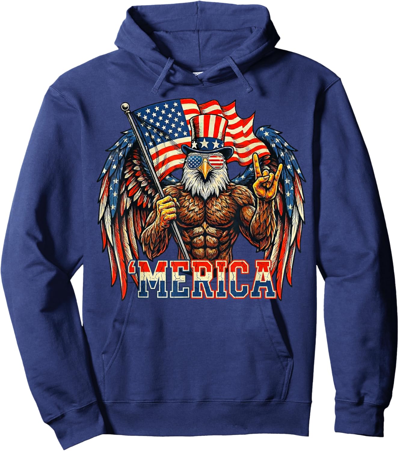 Bald Eagle Merica Rock American Flag Patriotic 4th of July Hoodie - Hoodie | Navy