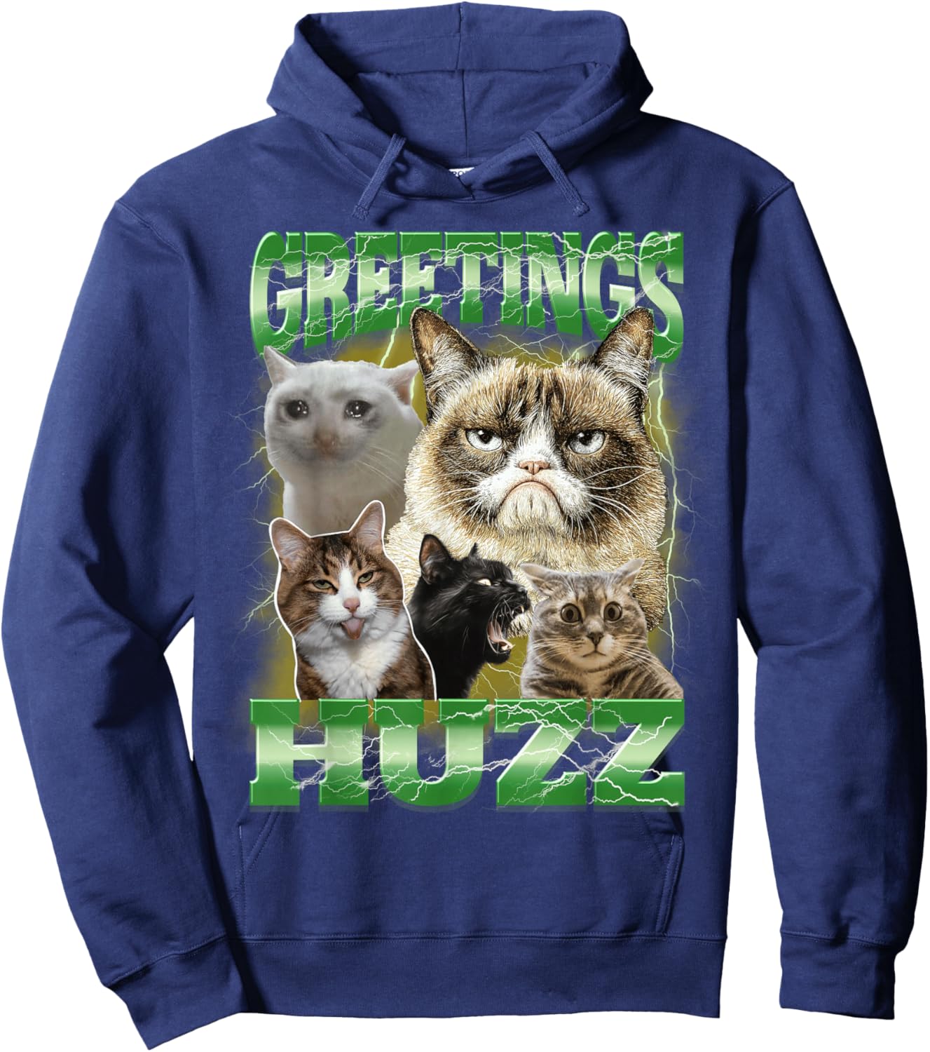 Greetings Huzz Bootleg Cringe CAT Meme Weird Stupid Cats Hoodie - Hoodie | Navy