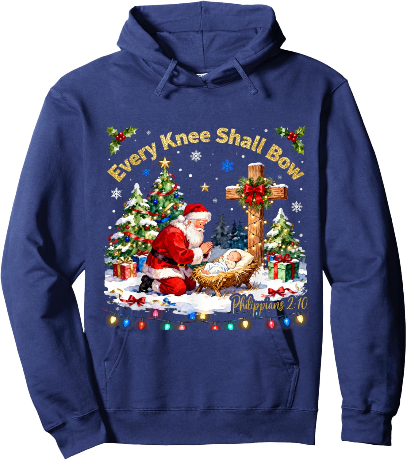 Xmas Every Knee Shall Bow Santa Christmas Nativity Scene Hoodie - Hoodie | Navy