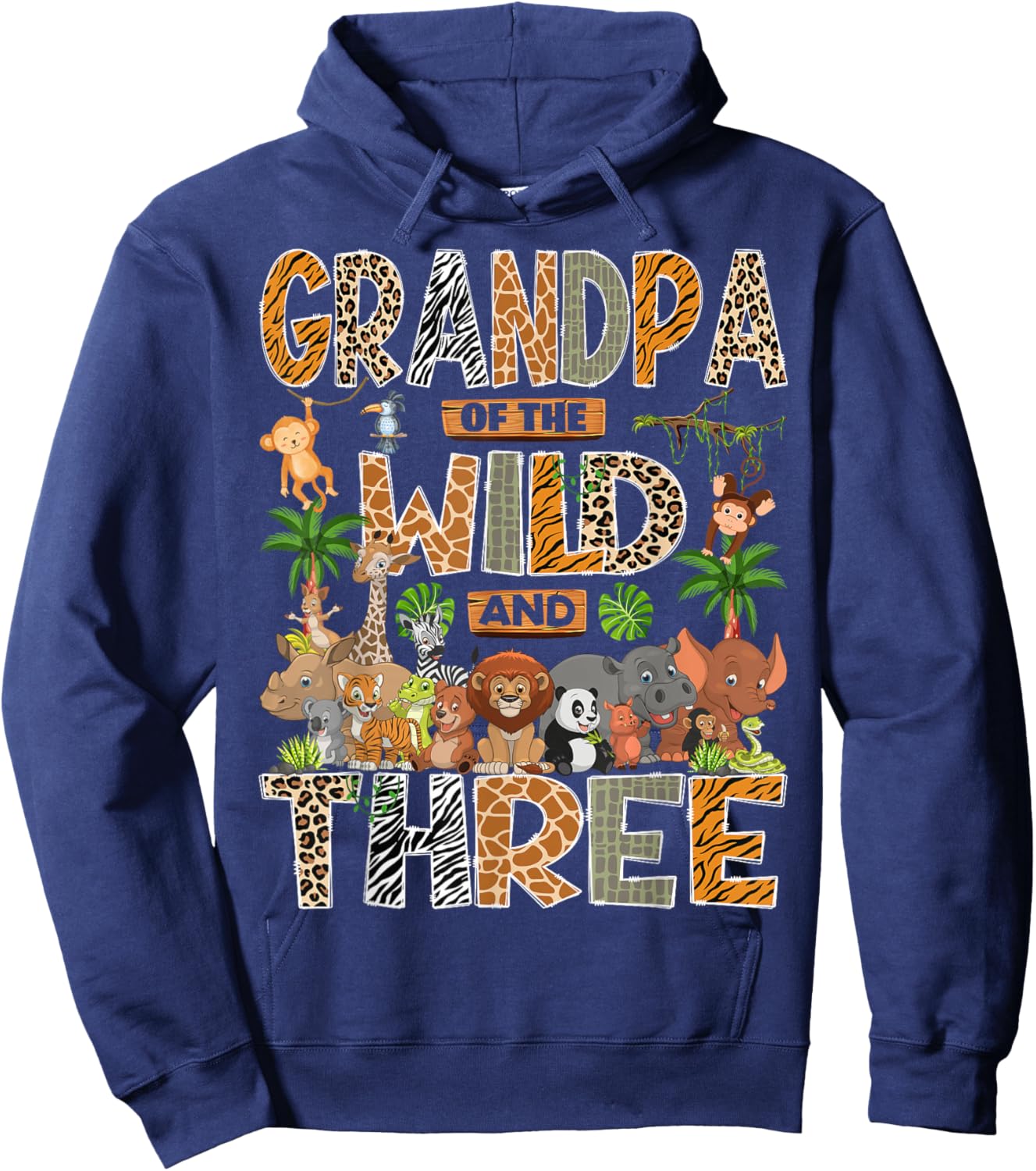 Grandpa of The Wild & Three 3rd Birthday Boy Safari Jungle Hoodie - Hoodie | Navy