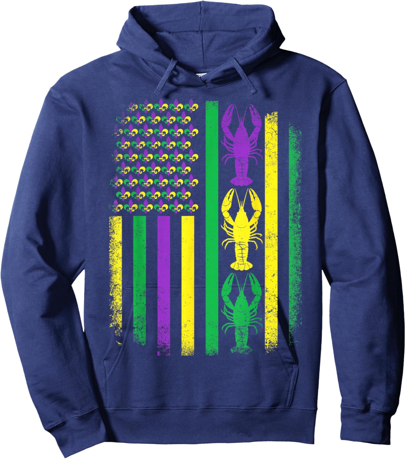 Retro Mardi Gras USA American Flag Crawfish Parade Men Women Hoodie - Hoodie | Navy