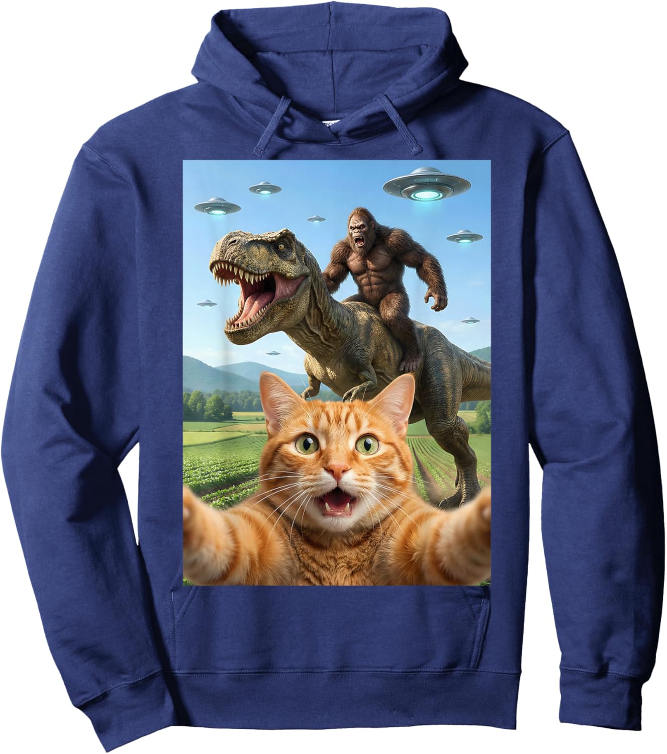 Funny Graphic Cat Selfie with Bigfoot Riding T-rex Dinosaur Hoodie - Hoodie | Navy