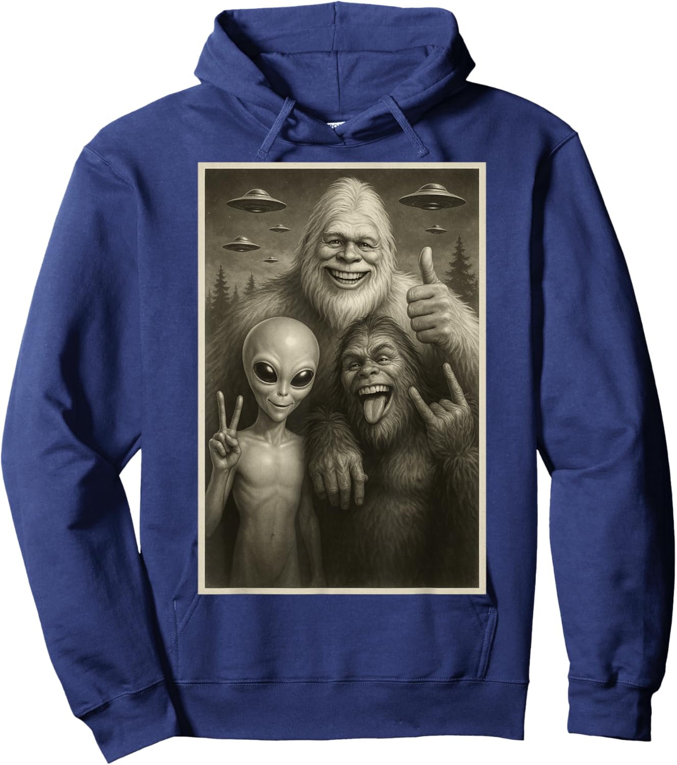 Funny Bigfoot, Alien, & Yeti Sasquatch Rock On UFO Handsign Hoodie - Hoodie | Navy