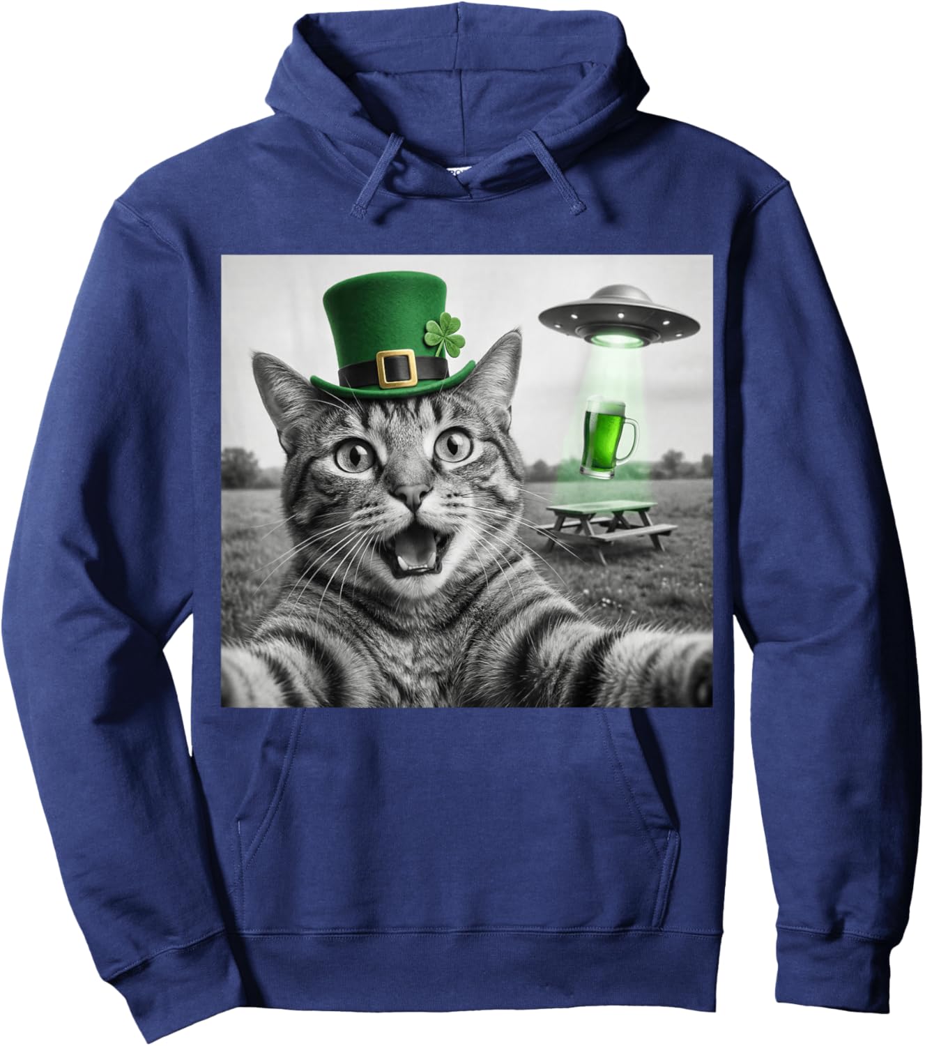 Funny Cat Selfie St Patricks Day UFO Abduction Green Beer Hoodie - Hoodie | Navy