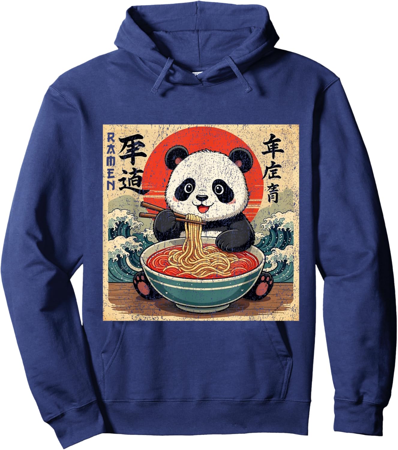 Kawaii Anime Panda Ramen Kids Funny Japanese Kanagawa Wave Hoodie - Hoodie | Navy