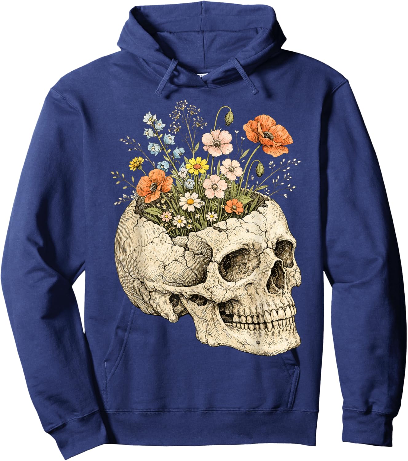 Floral Skull Skeleton Goth Dark Aesthetic Flower Plant Hoodie - Hoodie | Navy