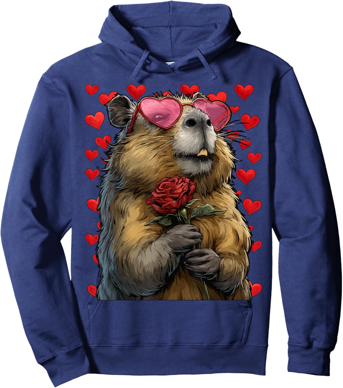 Cute Capybara with Heart Glasses Rose Valentine's Day Animal Hoodie - Hoodie | Navy