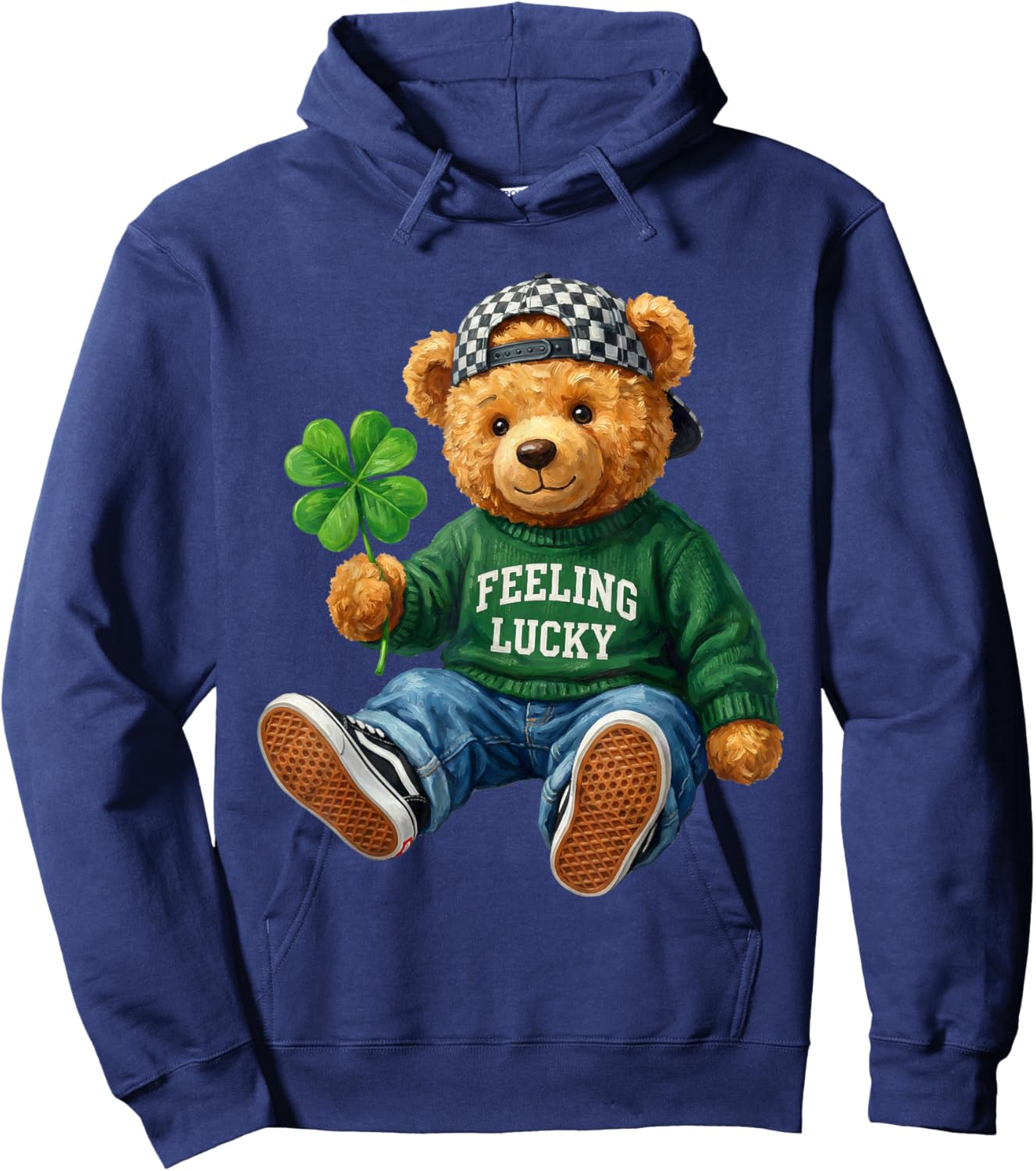 St Patricks Day Lucky Bear Four Leaf Clover Green Sweater Hoodie - Hoodie | Navy