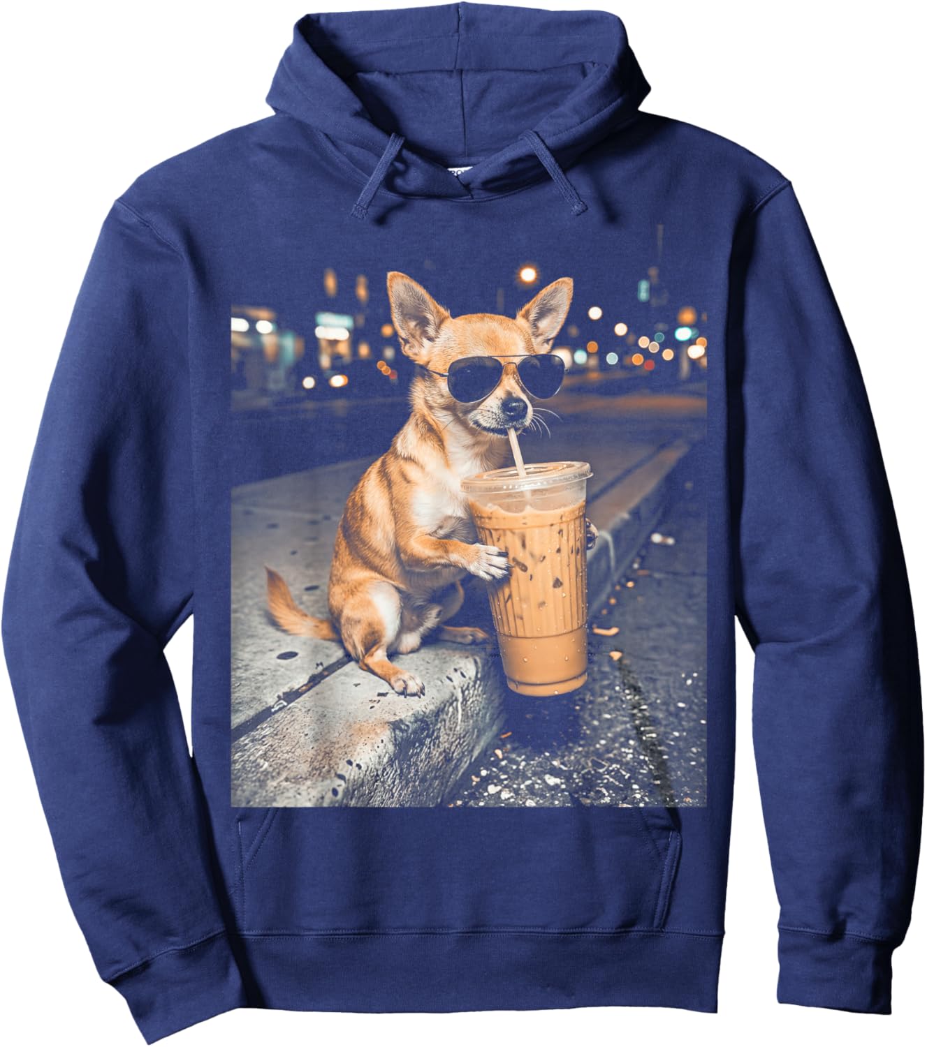 Chihuahua Drinking Iced Coffee Funny Animal Meme Men Women Hoodie - Hoodie | Navy