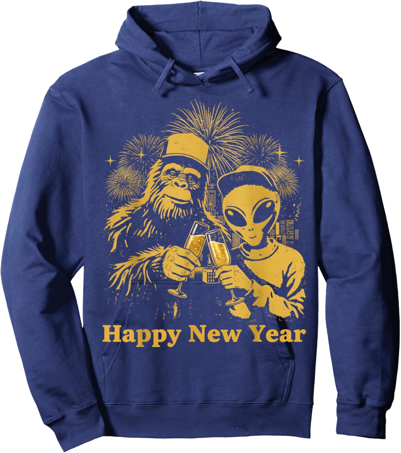 Happy New Year Bigfoot and Alien Sasquatch Fireworks Party Hoodie - Hoodie | Navy