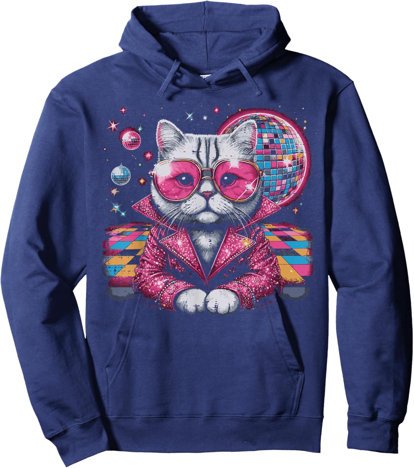 Cat Suit Disco Ball Vintage Kitten Kitty 70s Men Women Kids Hoodie - Hoodie | Navy