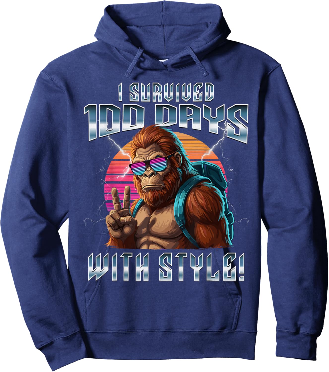 Retro I Survived 100 Days of School Bigfoot Kids Teacher Hoodie - Hoodie | Navy