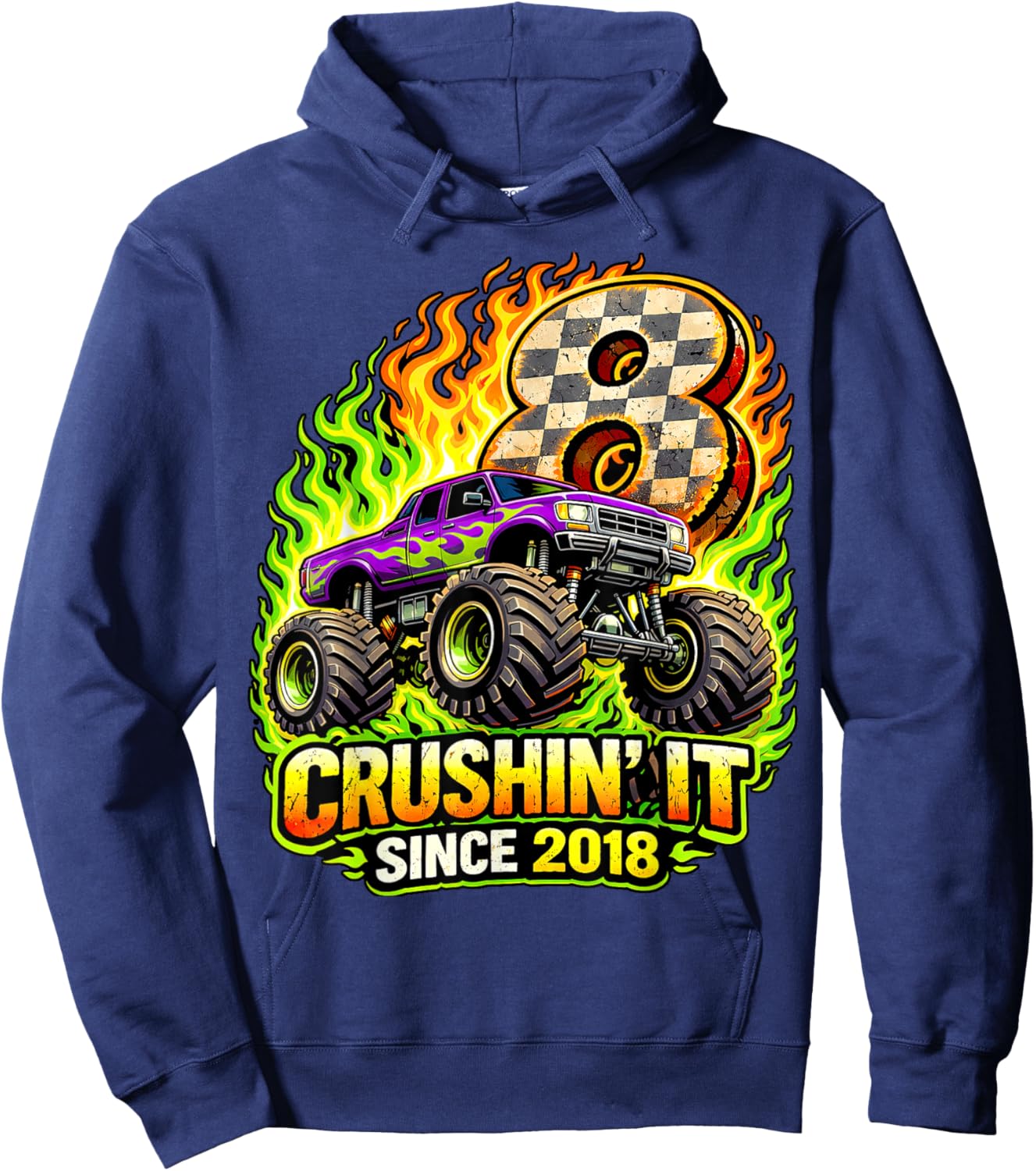 Birthday Monster Truck 8 Year Old Boys 8th Party Born 2018 Hoodie - Hoodie | Navy