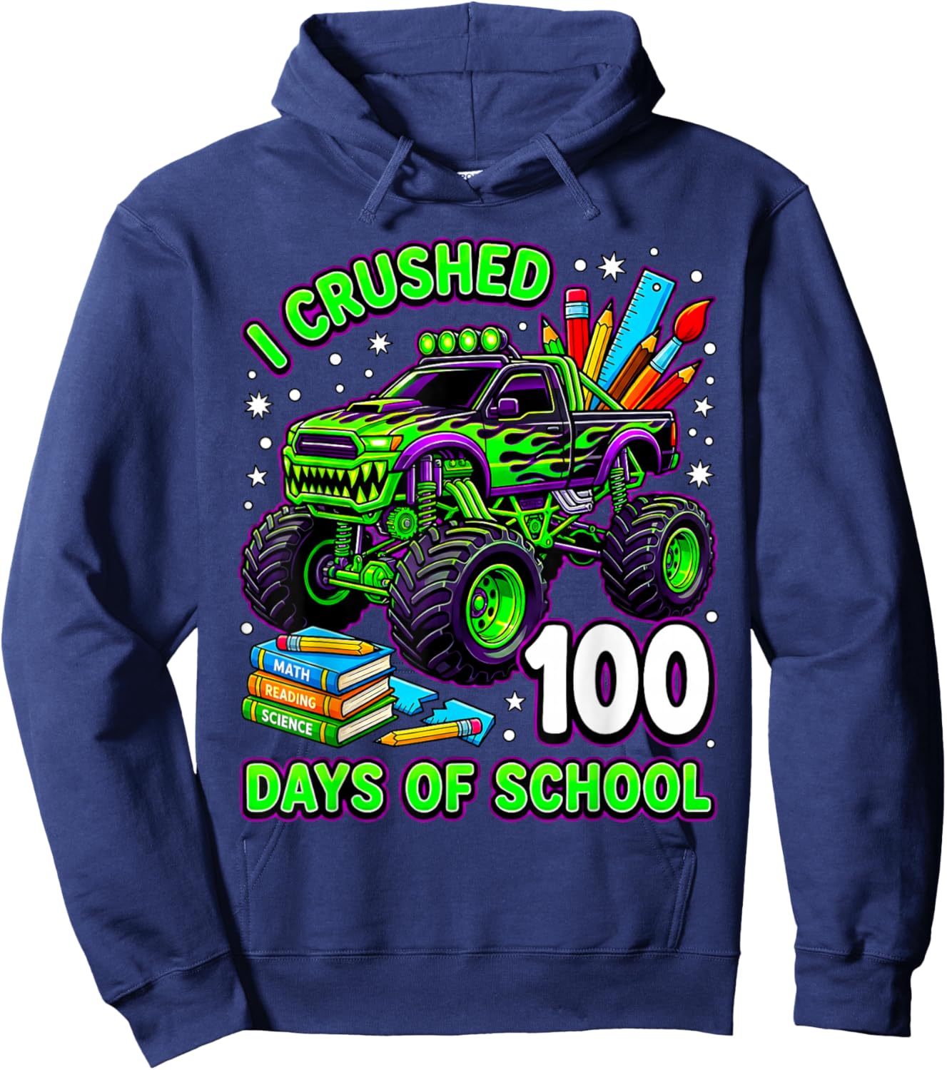 I Crushed 100 Days of School Monster Truck Boys 100th Day Hoodie - Hoodie | Navy