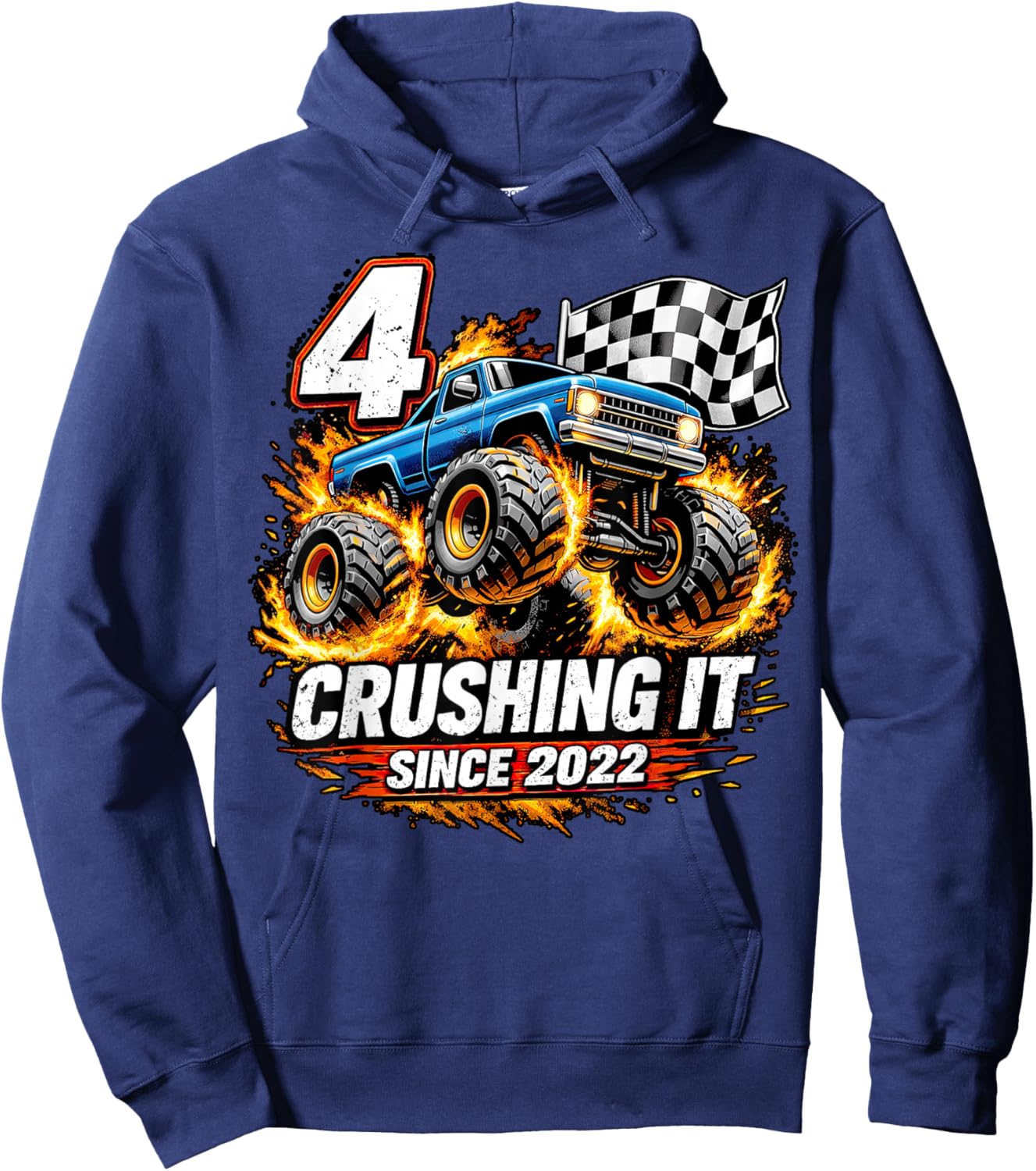 Birthday Monster Truck 4 Year Old Boys 4th Party Born 2022 Hoodie - Hoodie | Navy
