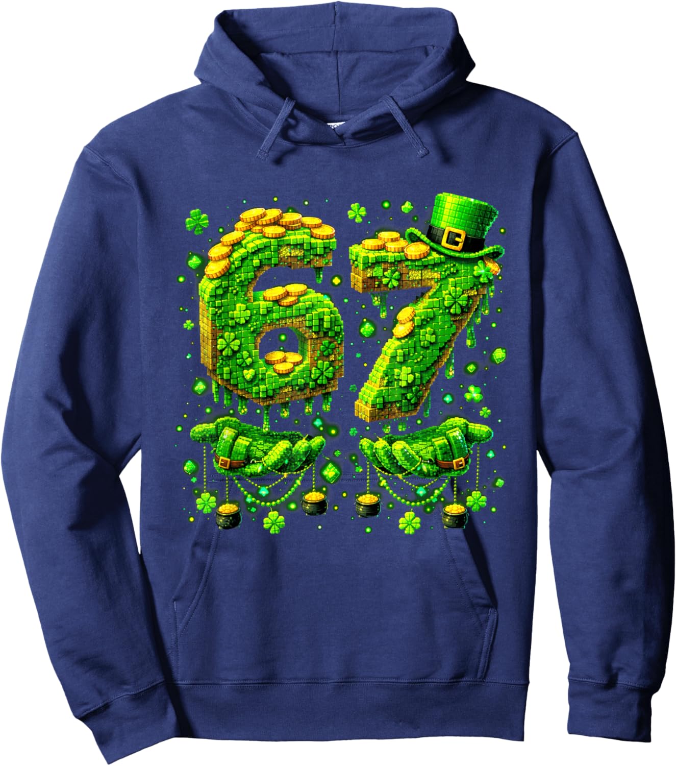 Six Seven Meme 67 St Patricks Day Pixel Shamrock Men Kids Hoodie - Hoodie | Navy