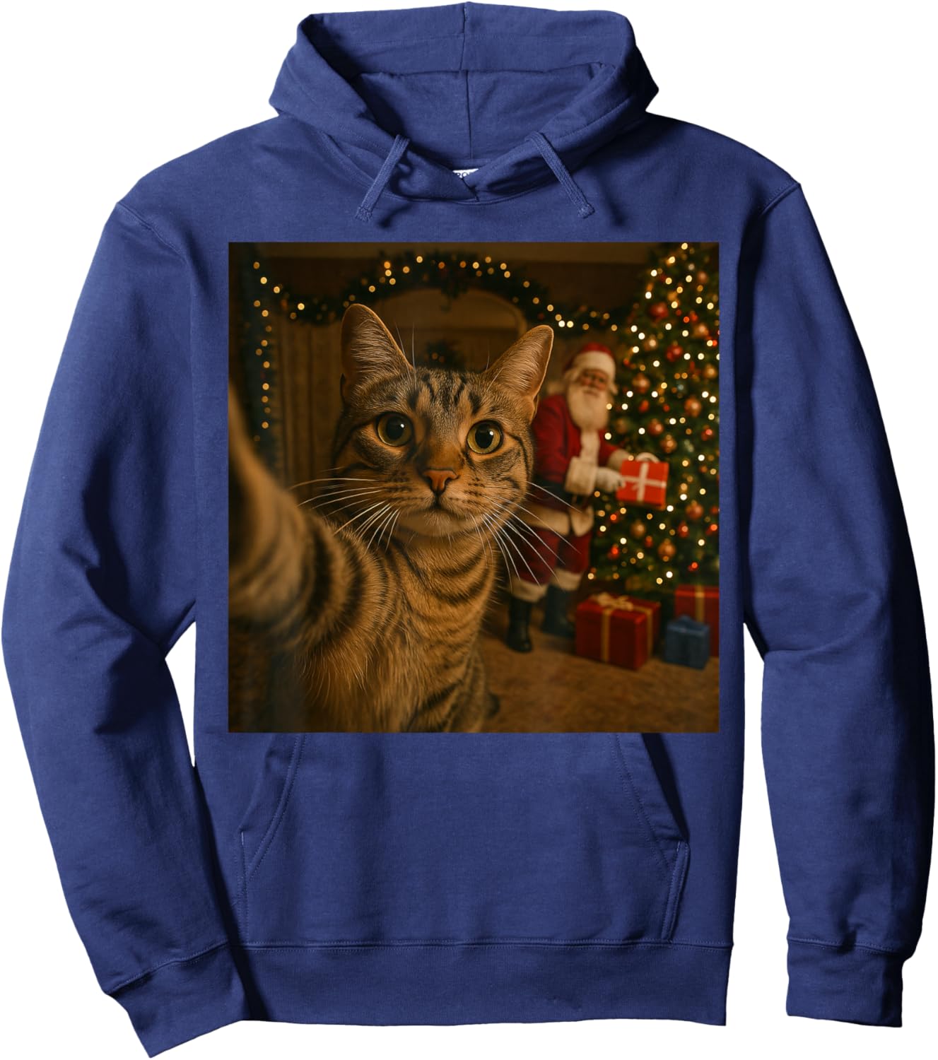 Santa Cat Christmas Tree Shirt, Funny Christmas Cat Selfie Hoodie - Hoodie | Navy