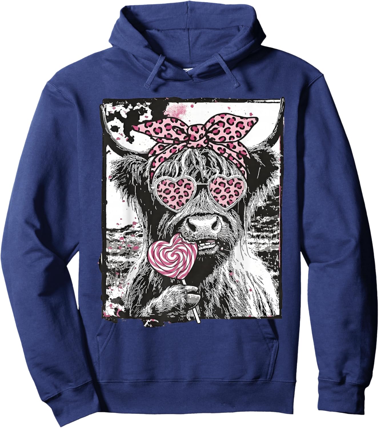 Highland Cow Valentine Coquette Pink Leopard Lollipop Heart Hoodie - Hoodie | Navy