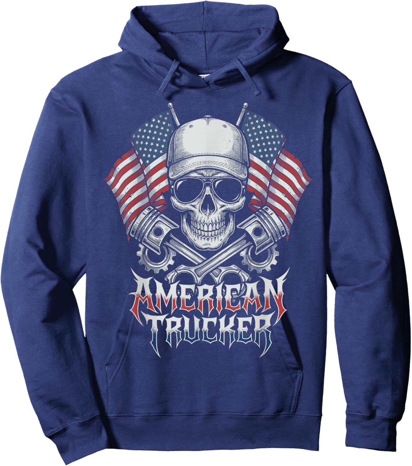 American Trucker Skull US Flag Patriotic Semi Truck Driver Hoodie - Hoodie | Navy