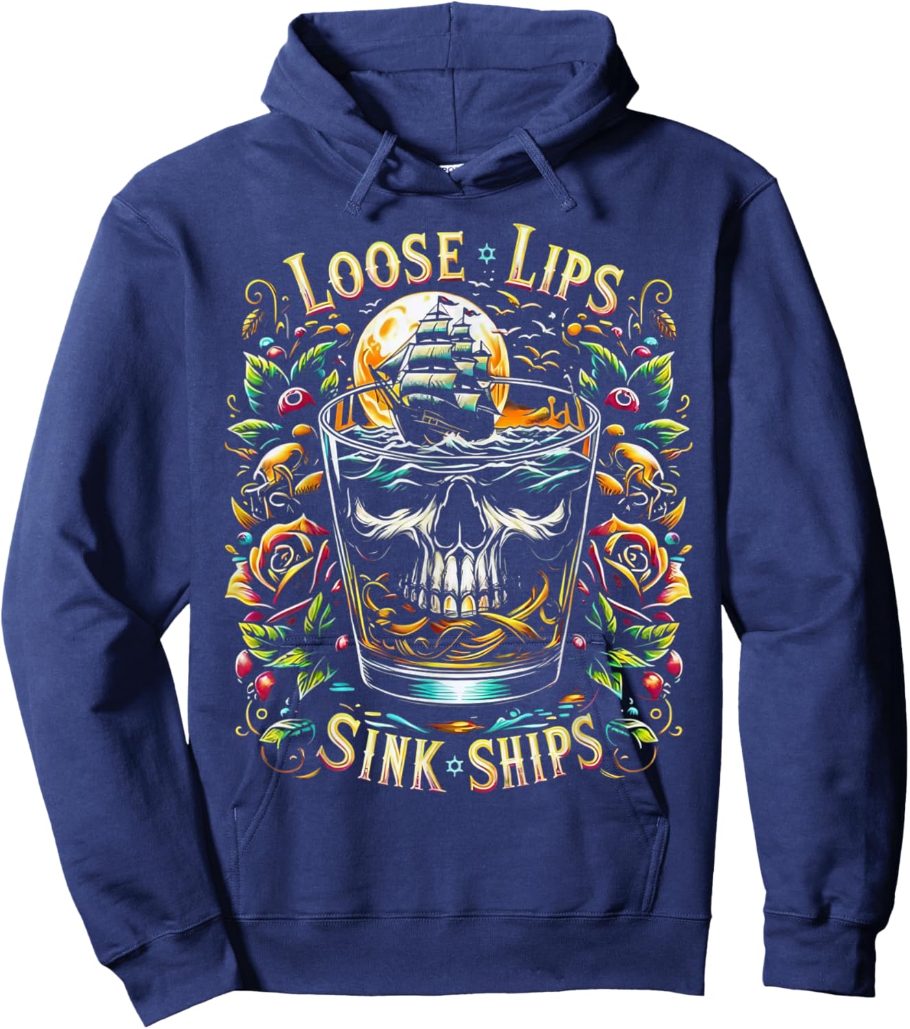 Loose Lips Sink Ships Skull Nautical Vintage Art Hoodie - Hoodie | Navy