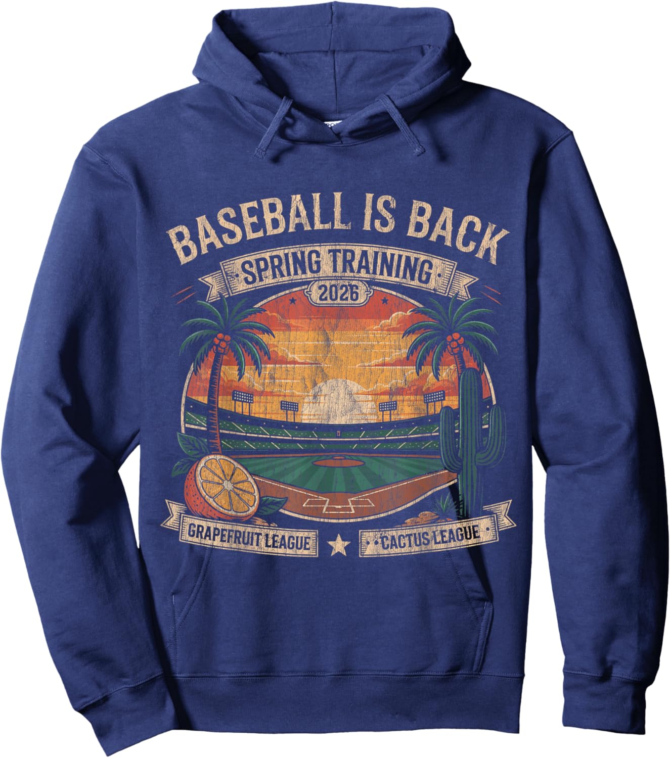 Spring Training Baseball is Back 2026 Retro Stadium Sunset Hoodie - Hoodie | Navy