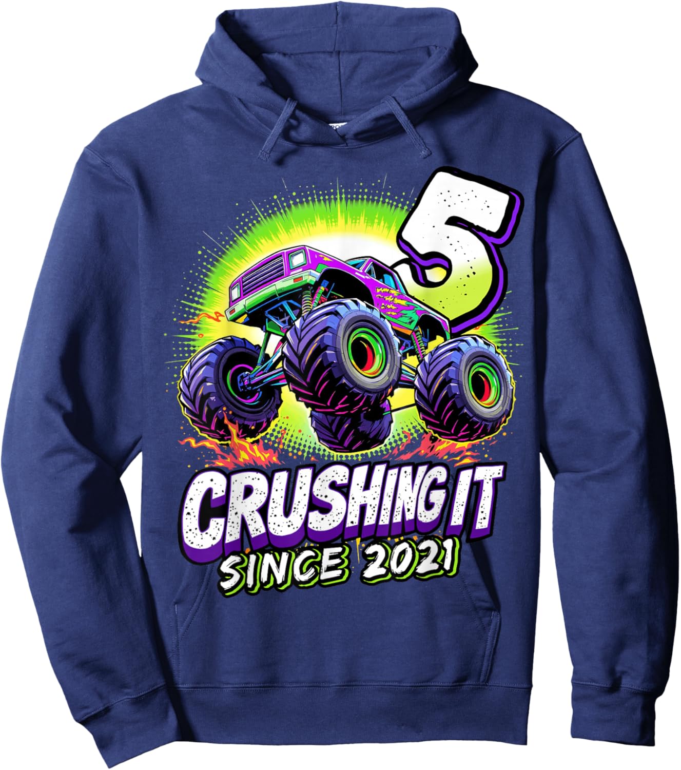 Birthday Monster Truck 5 Year Old Boys 5th Party Born 2021 Hoodie - Hoodie | Navy