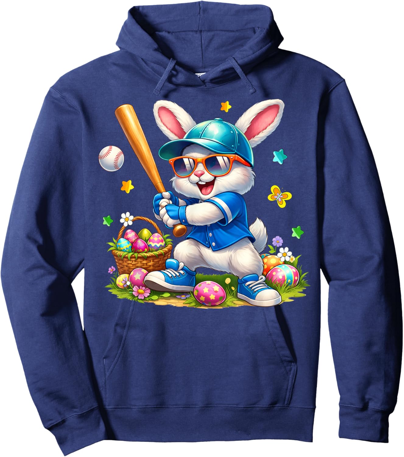 Happy Easter Bunny Playing Baseball Boys Kids Hoodie - Hoodie | Navy