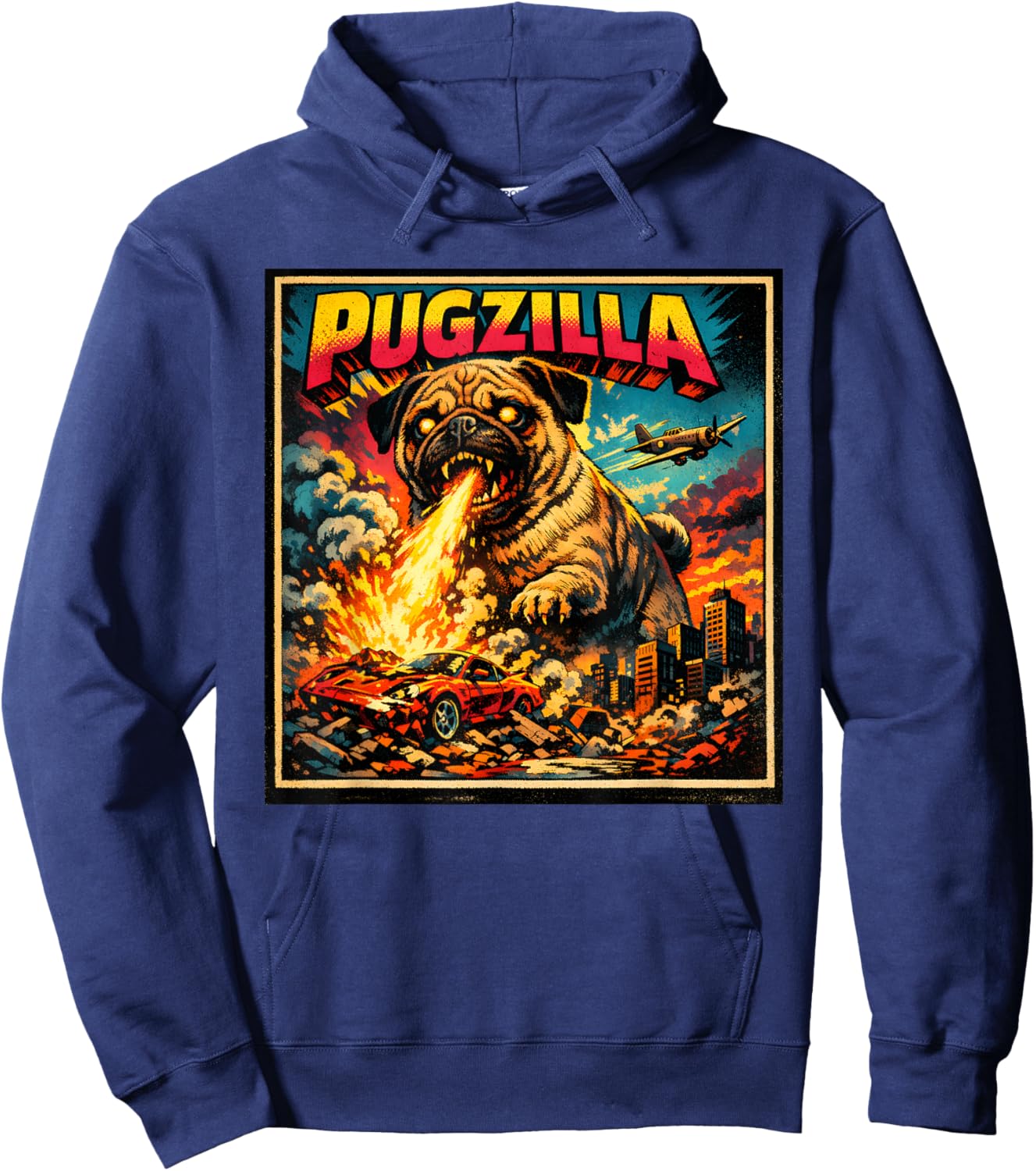 Retro Pugzilla Cute Pug Funny Youth Life from Dad Mom Meme Hoodie - Hoodie | Navy