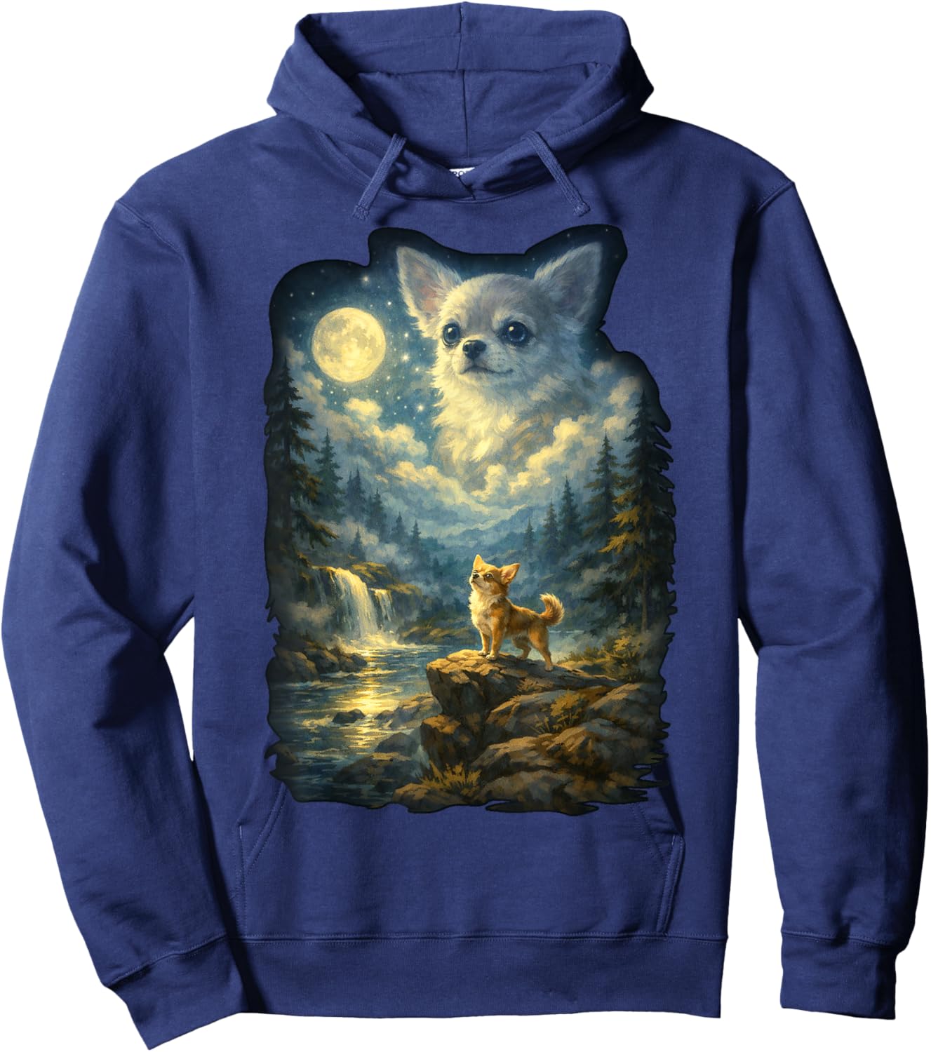 Chihuahua Dog Moonlit Night Art Chihuahua Howling at Moon Hoodie - Hoodie | Navy