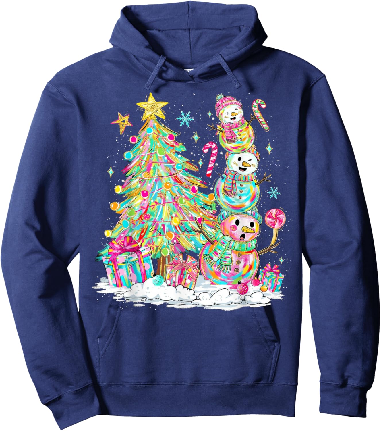 Colorful Christmas Snowman Scene for Kids Holiday Fun Hoodie - Hoodie | Navy