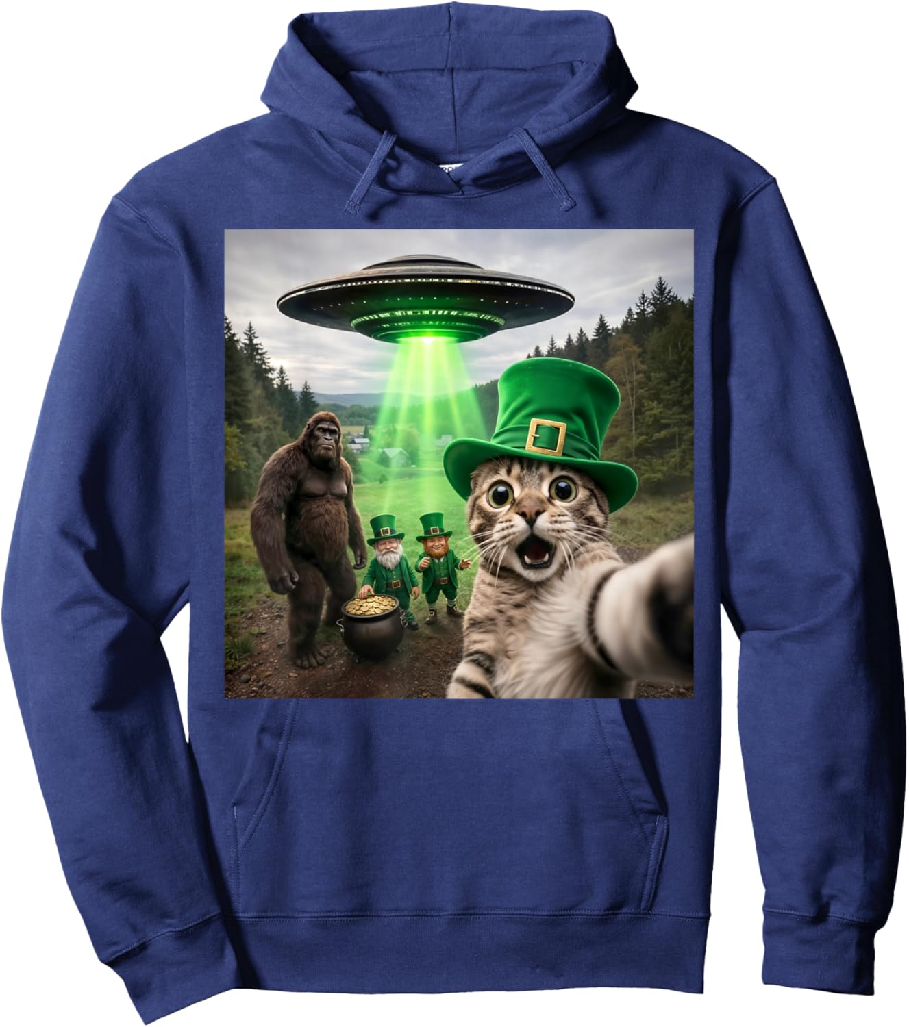 Funny St Patricks Day Cat Selfie with Leprechaun Bigfoot UFO Hoodie - Hoodie | Navy