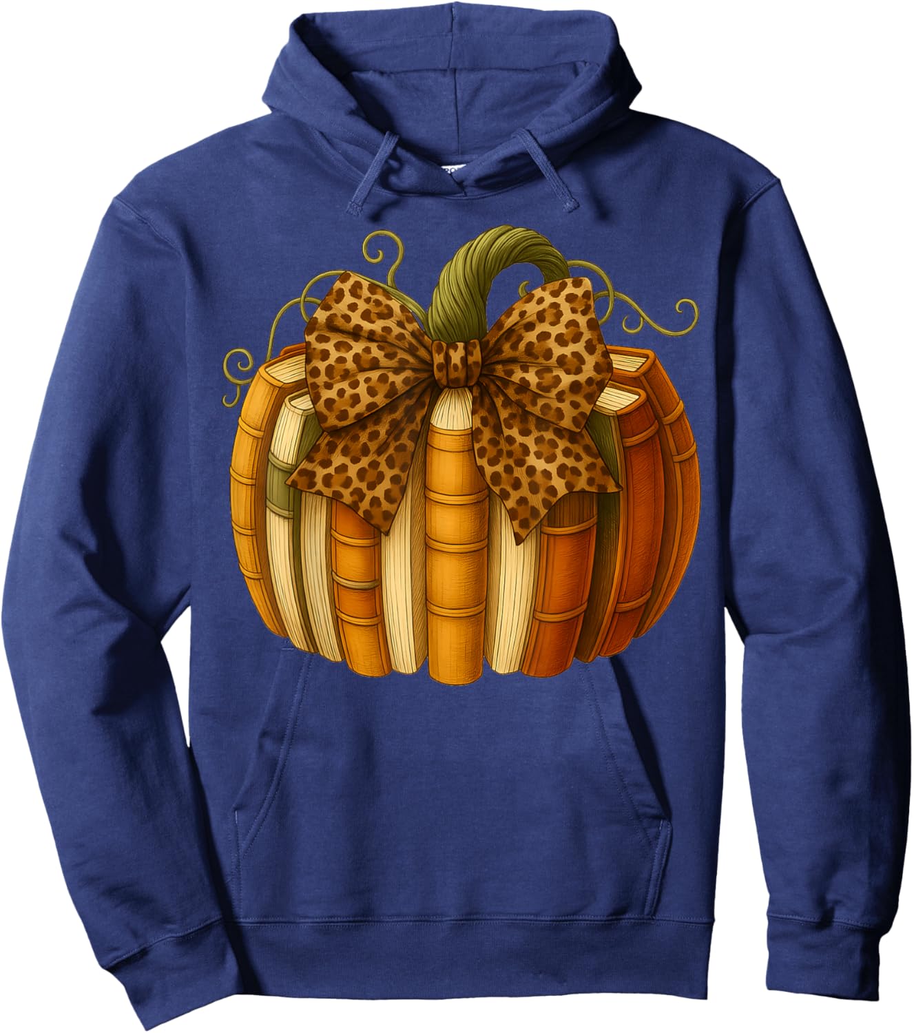 Leopard Bow Book Pumpkin Thanksgiving Fall Coquette Bow Hoodie - Hoodie | Navy