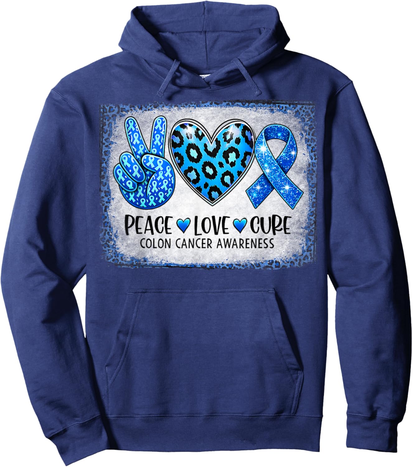 Peace Love Cure Blue Ribbon Leopard Colon Cancer Awareness Hoodie - Hoodie | Navy