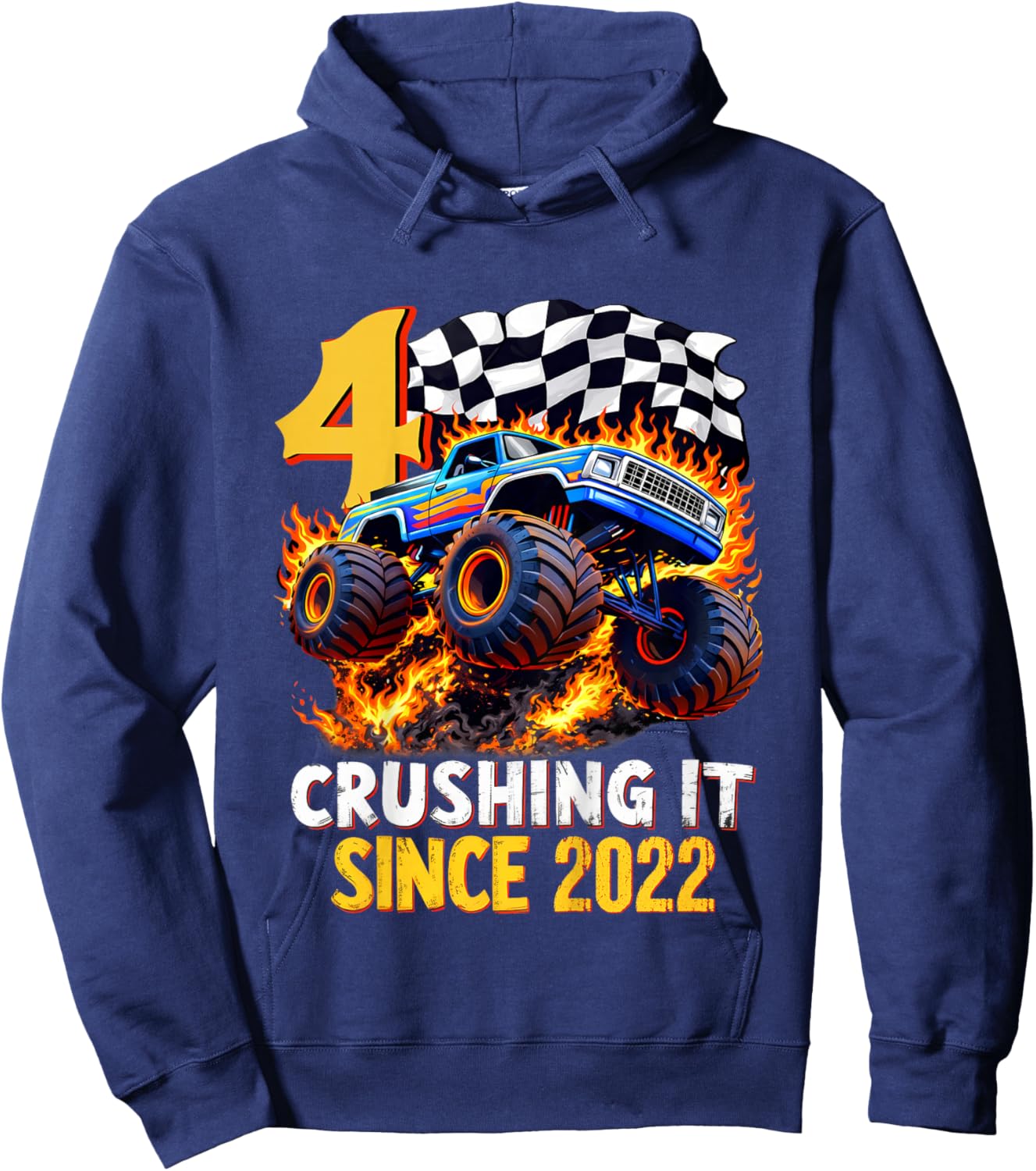 Kids 4th Birthday Monster Truck 4 Year Old Gift Boys Born in 2022 Hoodie - Hoodie | Navy