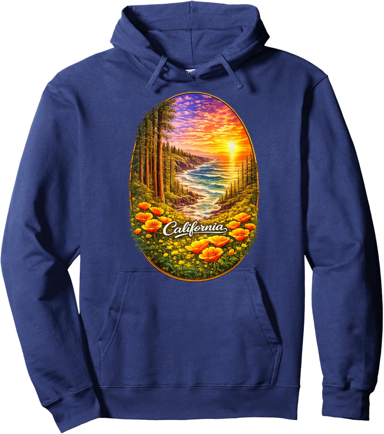 California Coast Redwood Ocean Poppy Nature Back Print Hoodie - Hoodie | Navy