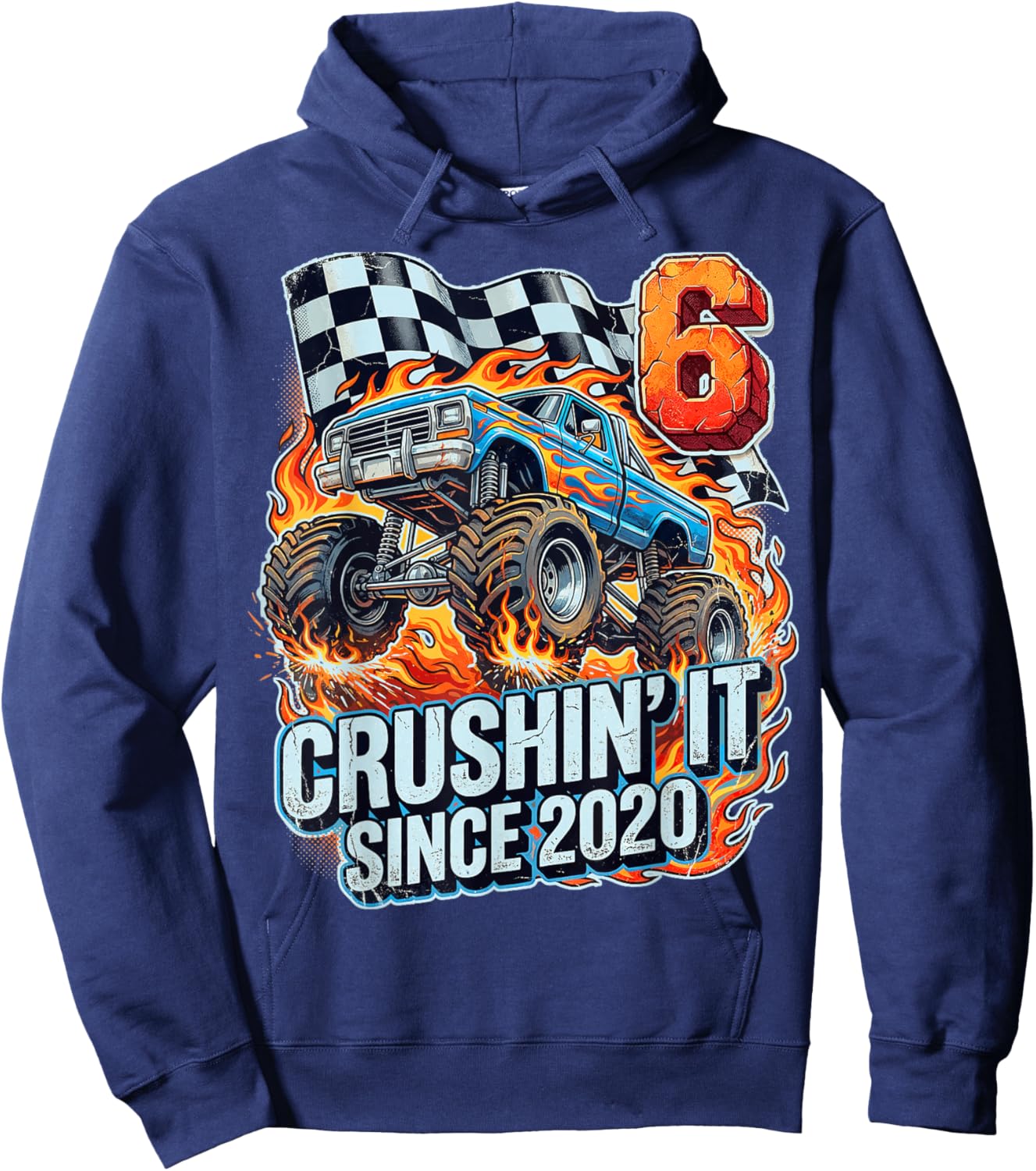 Birthday Monster Truck 6 Year Old Boys 6th Party Born 2020 Hoodie - Hoodie | Navy