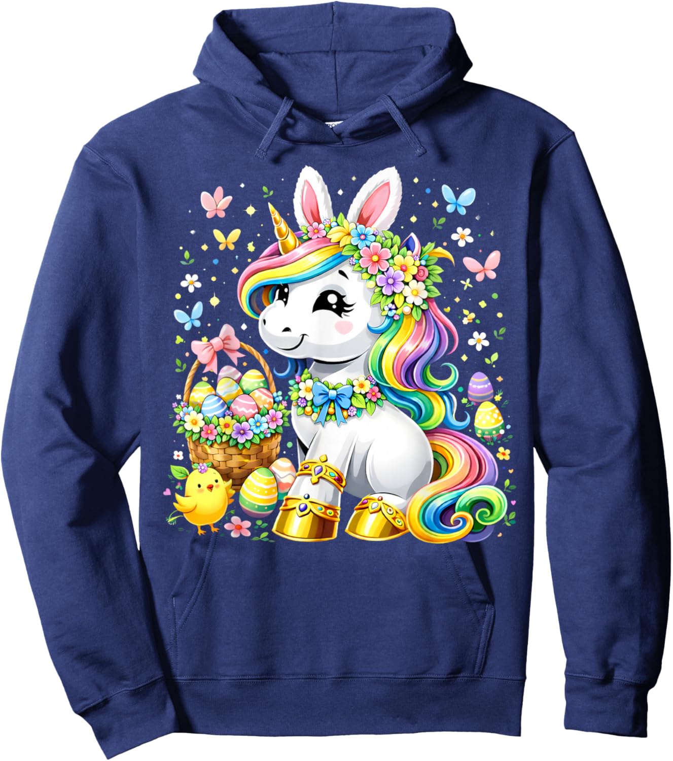 Cute Unicorn Happy Easter Day Girls Kids Toddler Easter Eggs Hoodie - Hoodie | Navy