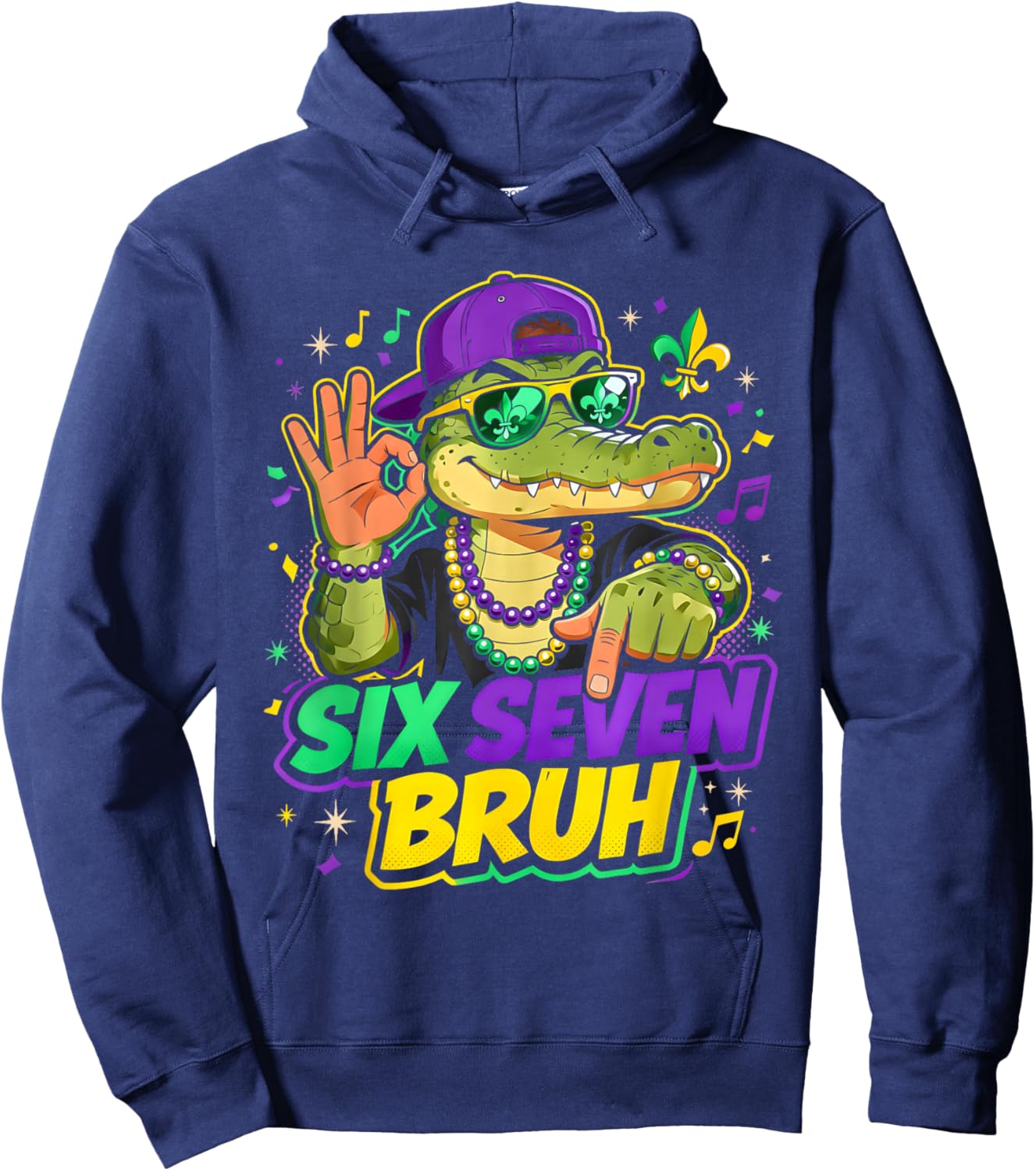 Mardi Gras Six Seven Bruh Mardigator Alligator 6 7 Meme Boys Hoodie - Hoodie | Navy