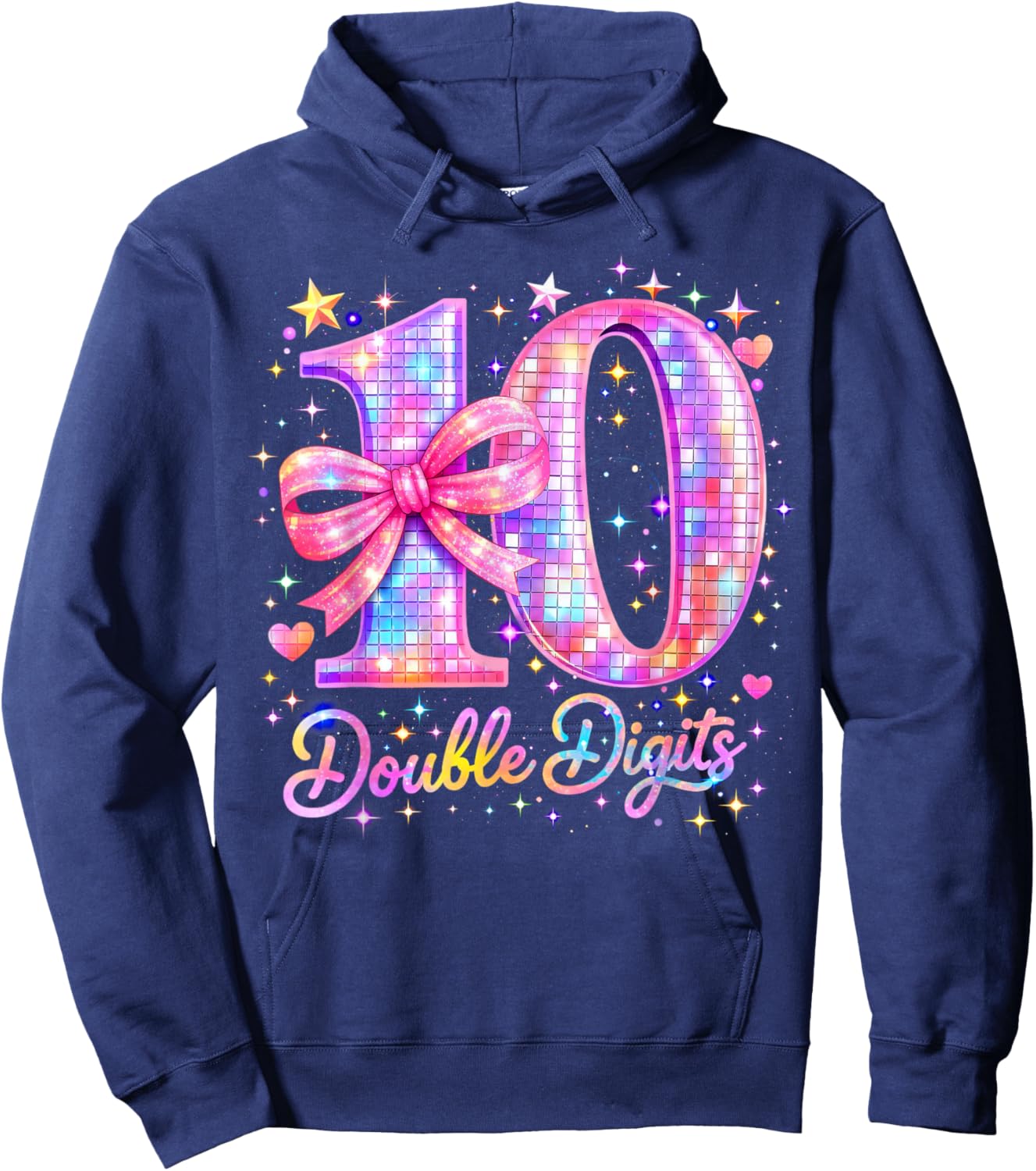 10th Birthday Girl Pink Coquette Bow 10 Year Old Disco Ball Hoodie - Hoodie | Navy