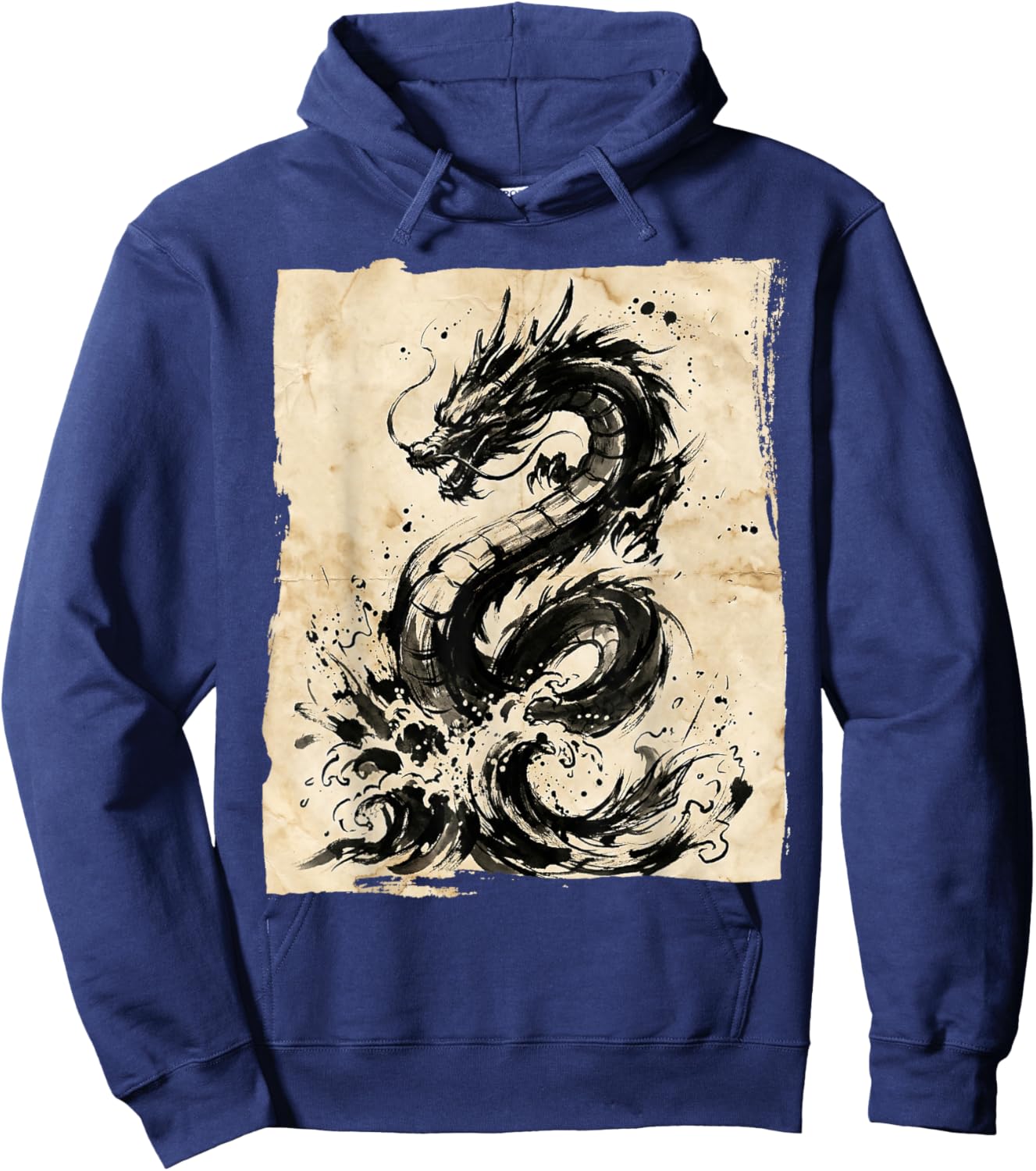 Vintage Japanese Ink Wash Dragon Art Hoodie - Hoodie | Navy